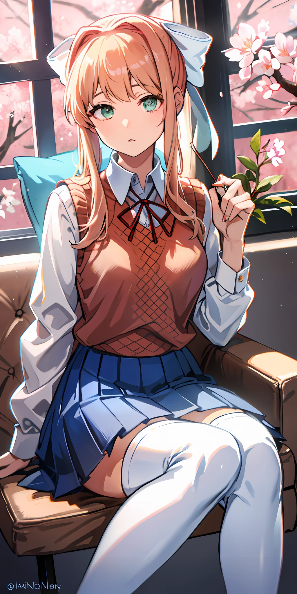 {best quality}, {{masterpiece}}, {highres}, original, extremely detailed 8K wallpaper, 1girl, {an extremely delicate and beautiful},{{{monika}}},beautiful girl,high ponytail,{sitting on chair},{upper body},{{{out of frame}}},blond hair,white bowknot,green eyes,skindentation,platform heel ((thigh boots)),school uniform,pleated skirt,sweater vest,white pantyhose,leather shoes,perspective,looking at window,lovely,school,cherry blossoms and blue sky outside the window,