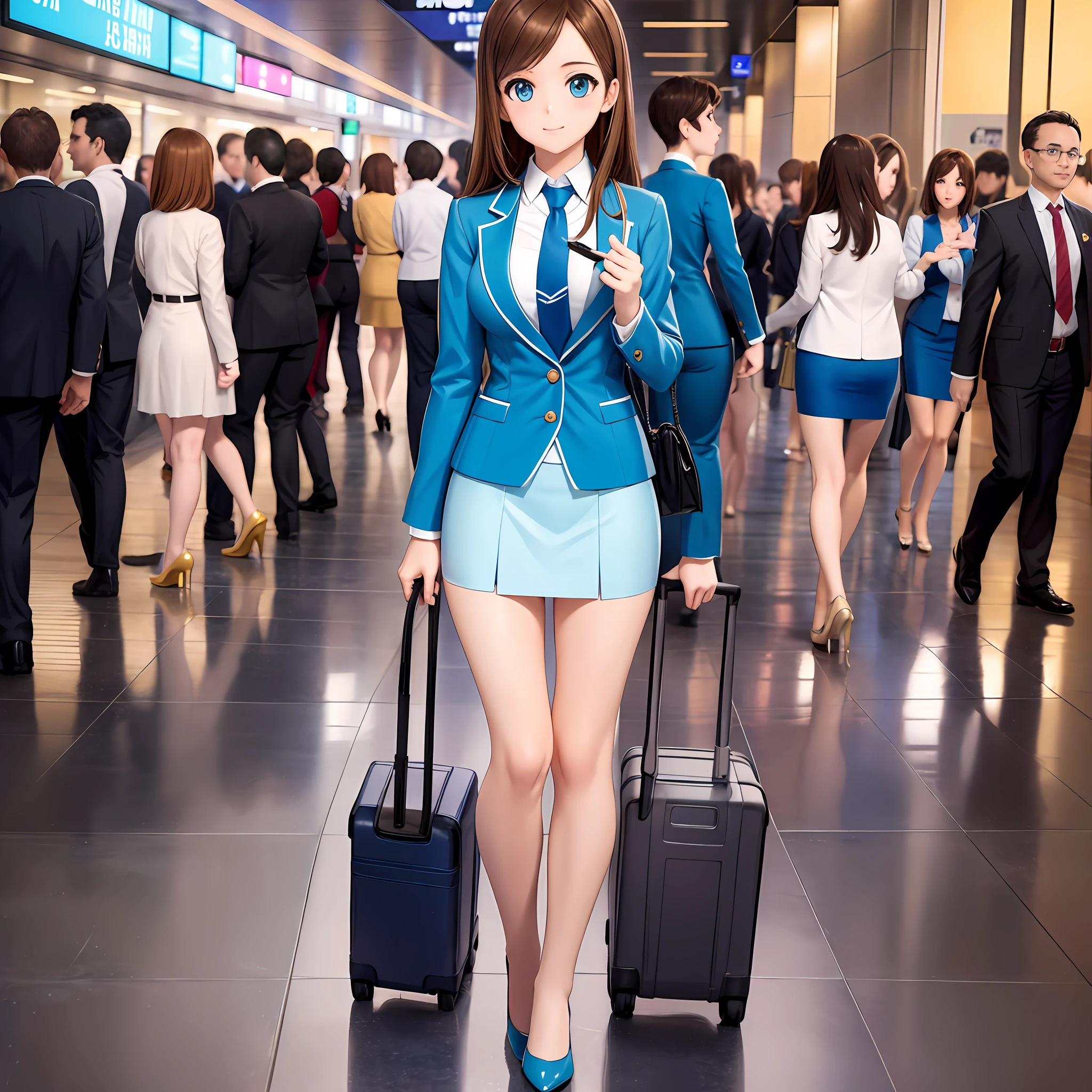 {{Mature female, caucasian}}, looking at viewer, hazel eyes, extremely detailed, medium breasts, brown hair, airport, flight attendant, uniform, lighy blue blazer, light blue necktie, light blue skirt, medium skirt, pencil skirt, bare legs, blue high heels, happy, best quality, high quality, extremely detailed anime screencap, {{{{crowded, multiple girls, thousands of sisters, millions of sisters,billions of sisters, clone, doppelganger, matching outfit, matching hairstyle}}}}, full body