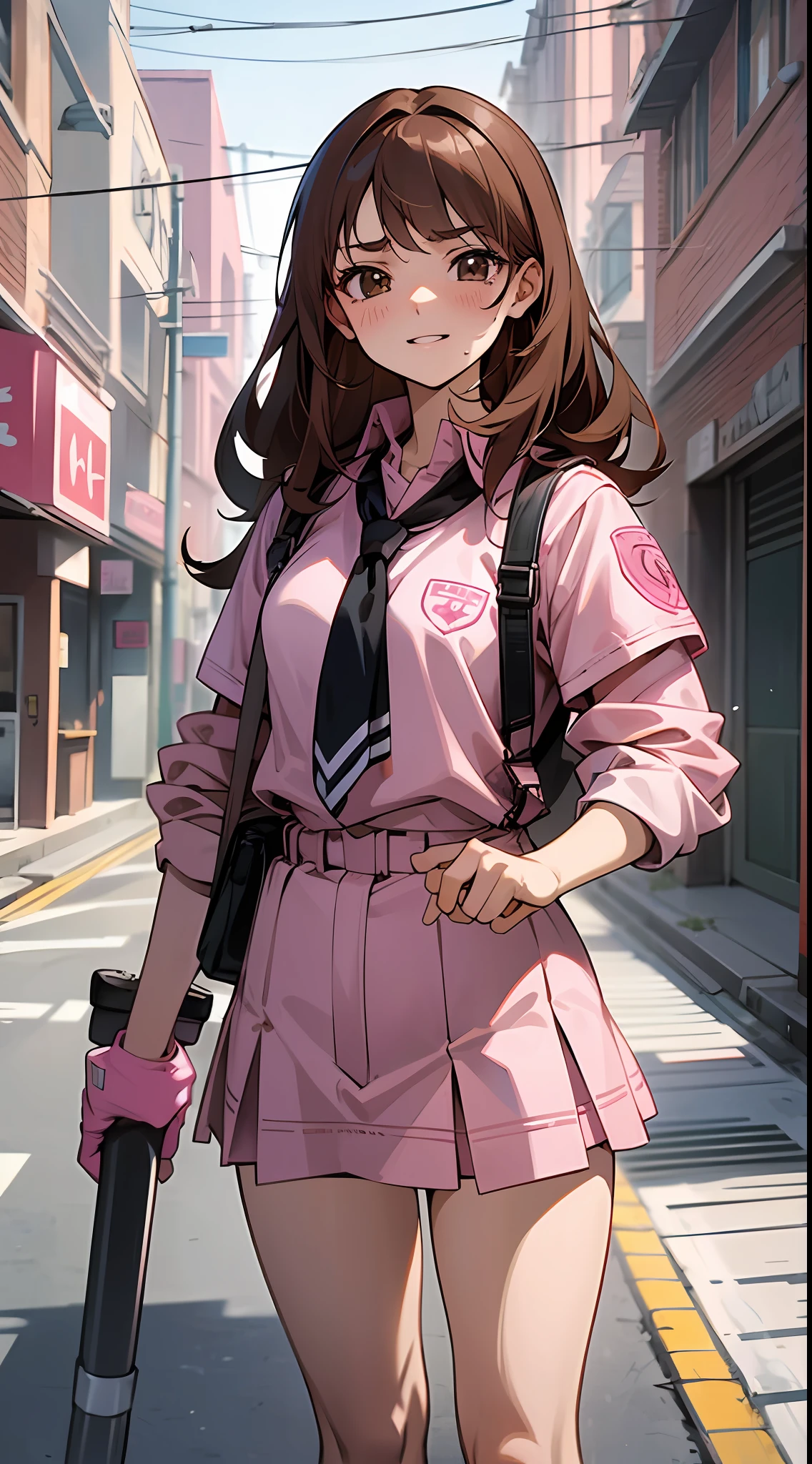 {{age female, caucasian}}, looking at viewer, hazel eyes, extremely detailed, brown hair, pink clothes, bully, mean girl, tough girl, schoolgirl, bruises, scars, happy, best quality, high quality, extremely detailed anime screencap, full body