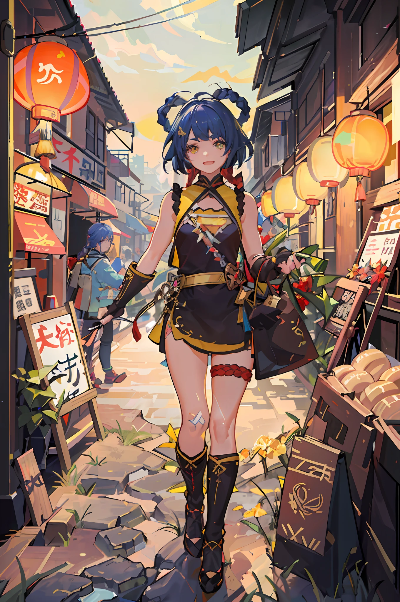 absurdres, highres, ultra detailed, 1girl, solo, extremely detailed eyes, (official art, beautiful and aesthetic:1.2), (1girl), extreme detailed,colorful,highest detailed, short blue hair with 2 braids on top of the head, yellow chinese clothes, walking on a street of an old chinese town, stores, shops, vendors, chinese paper lanterns everywhere