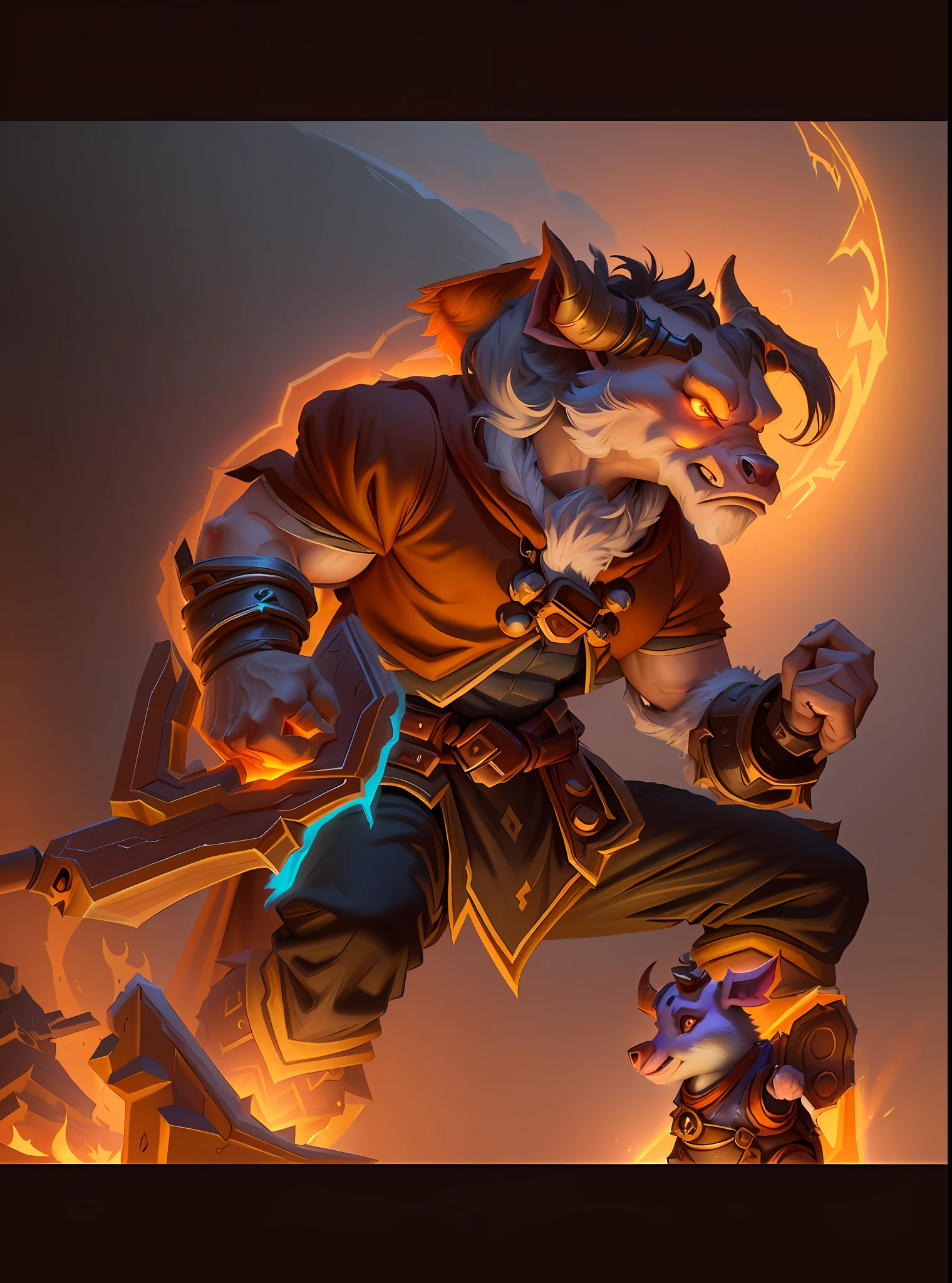 A close-up of a cartoon character, Minotaur, Blizzard Hearthstone concept art, Hearthstone concept art, World of Warcraft art style, anthropomorphic mage piglet, fantasy Hearthstone art style, mage, magic, staff
