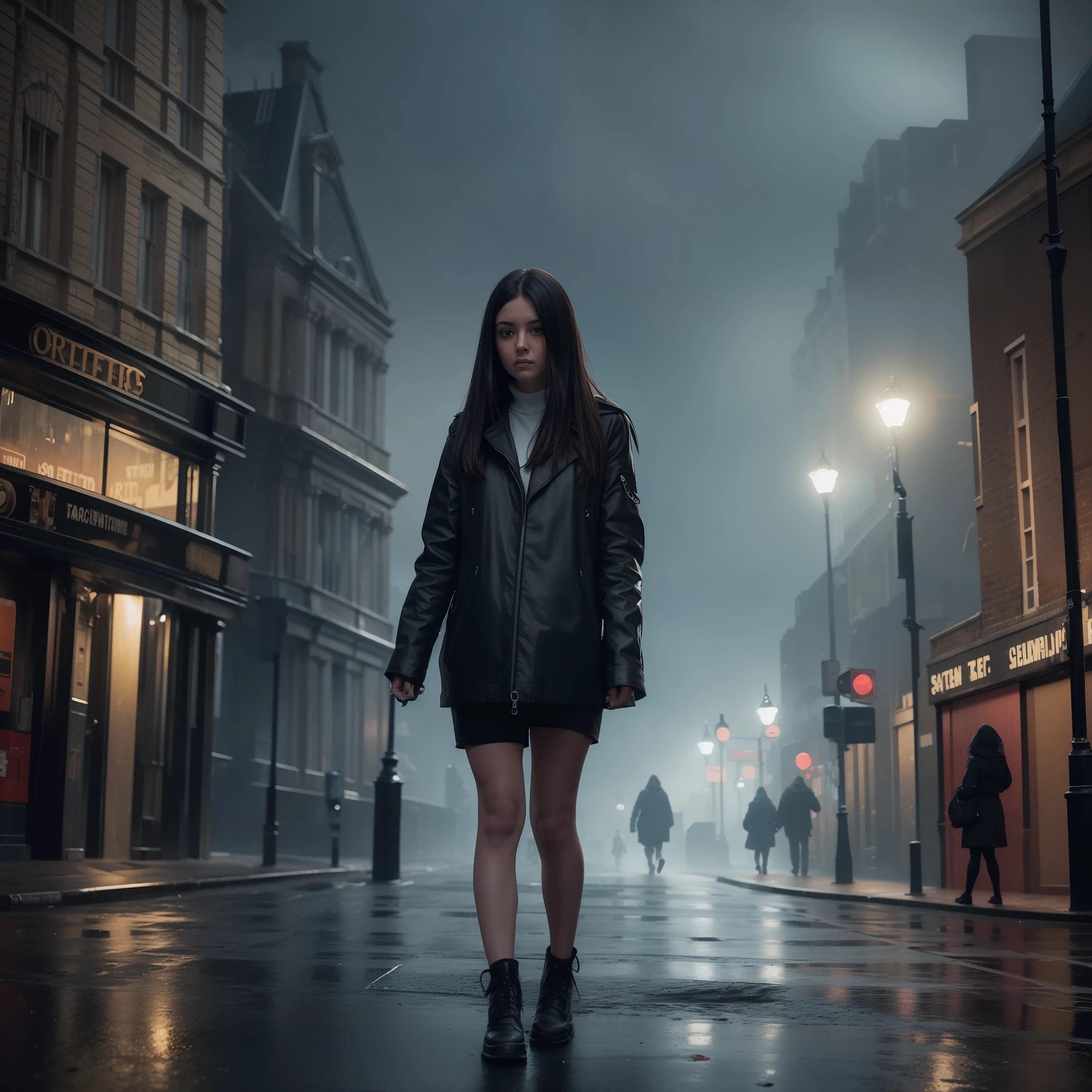 Realistic dark abandoned streets of London, at night, cloudy, in the rain, without lights, Shaftebury Ave, without people, in the foreground only a 26-year-old woman, dark and medium hair, frightened