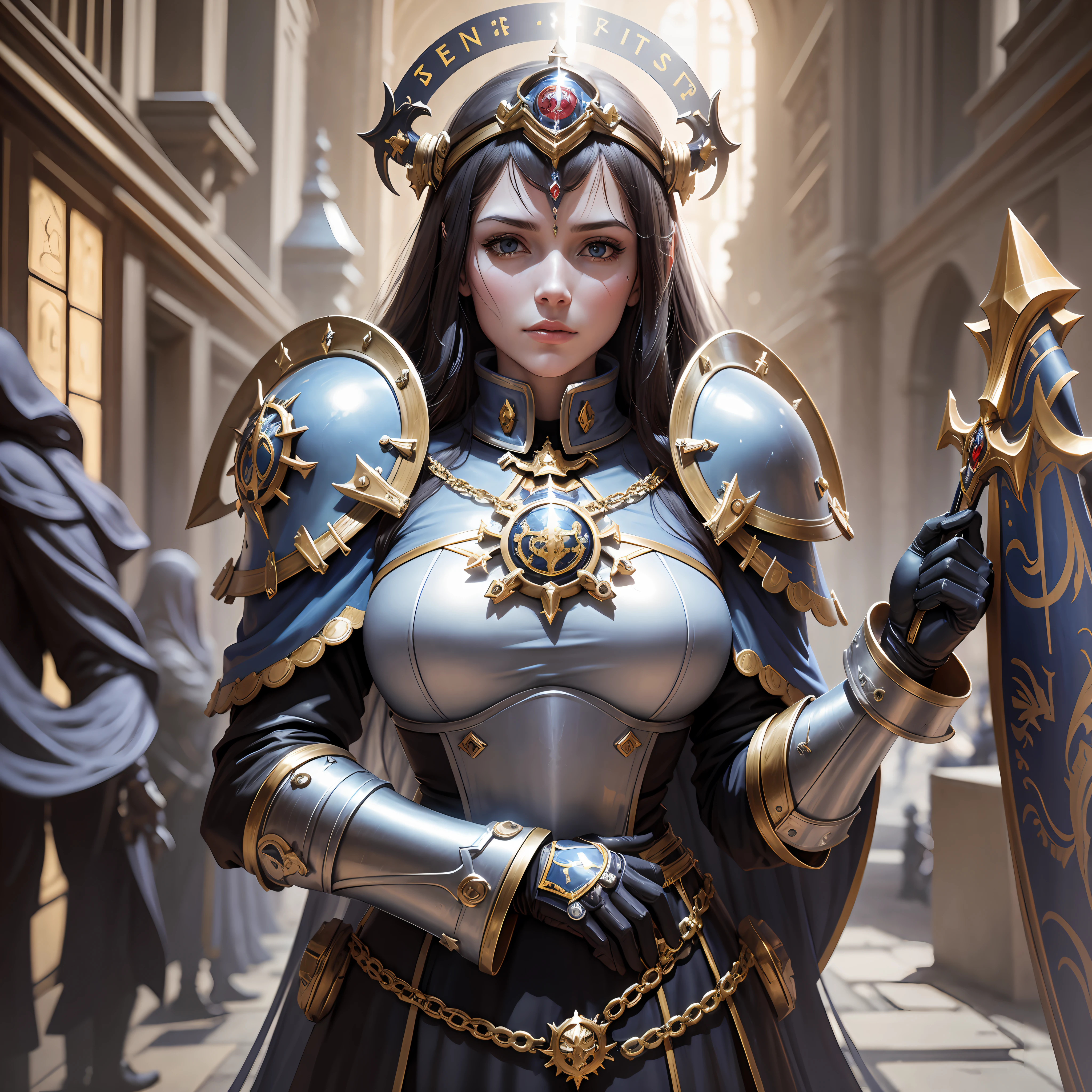 Saint celestine, she wears an adeptus sororitas armor of the sisters of silence, from Warhammer40,000, ultra realistic, detailed, no mistakes, no blurs --auto --s2