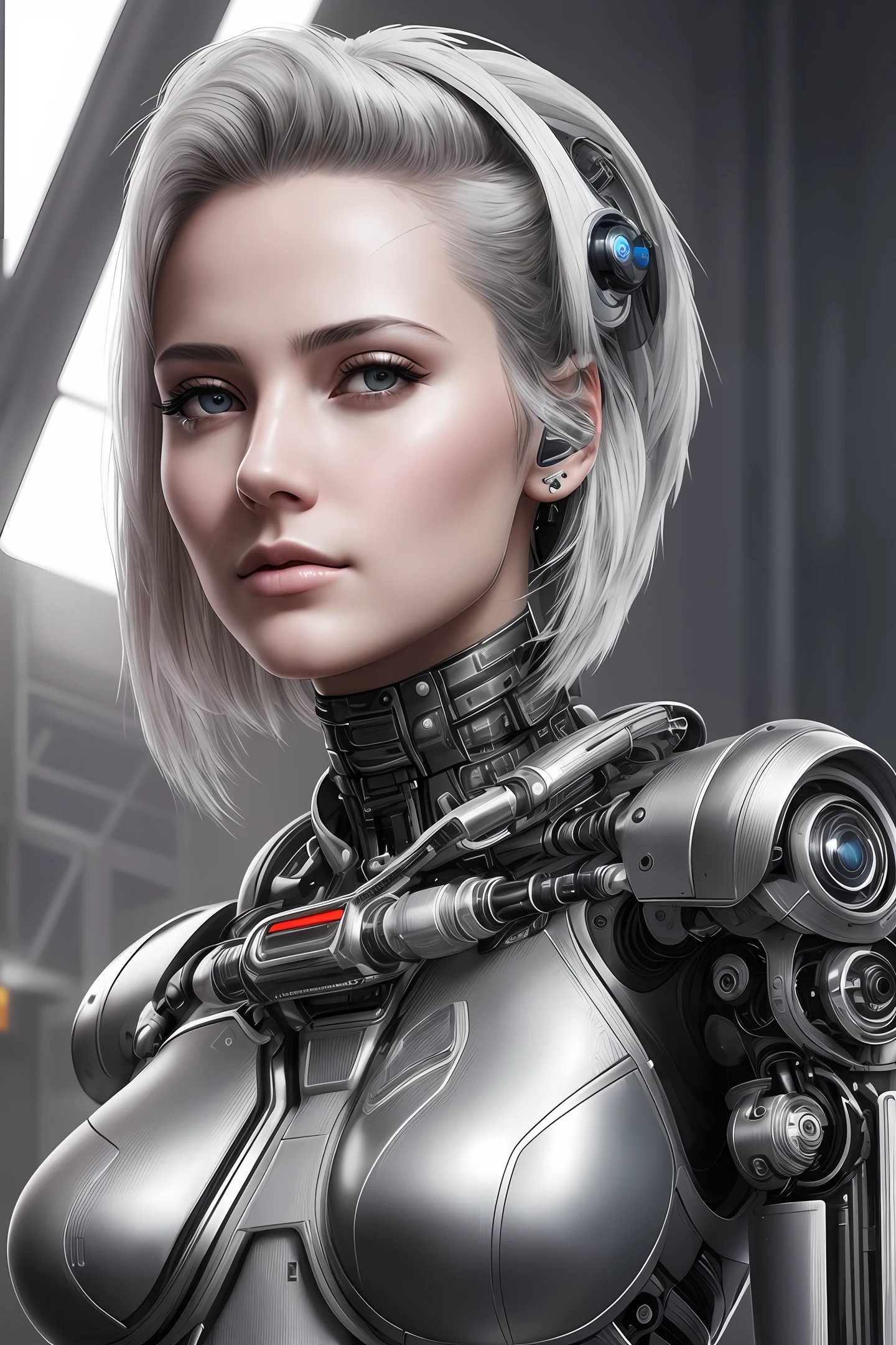 raw photography, ultra-detailed photorealistic, beautiful female android face, tilted head, cyborg, robotic parts, techno lab background, rim light, vibrant details, luxurious cyberpunk, hyper-realistic, anatomical, microchip, elegant, HR Giger style, 8k, best quality, masterpiece, extremely delicate and beautiful, extremely detailed, (realistic, photorealistic:1.37), incredibly absurd, robot, full body, white hair, serious face, playing the violin