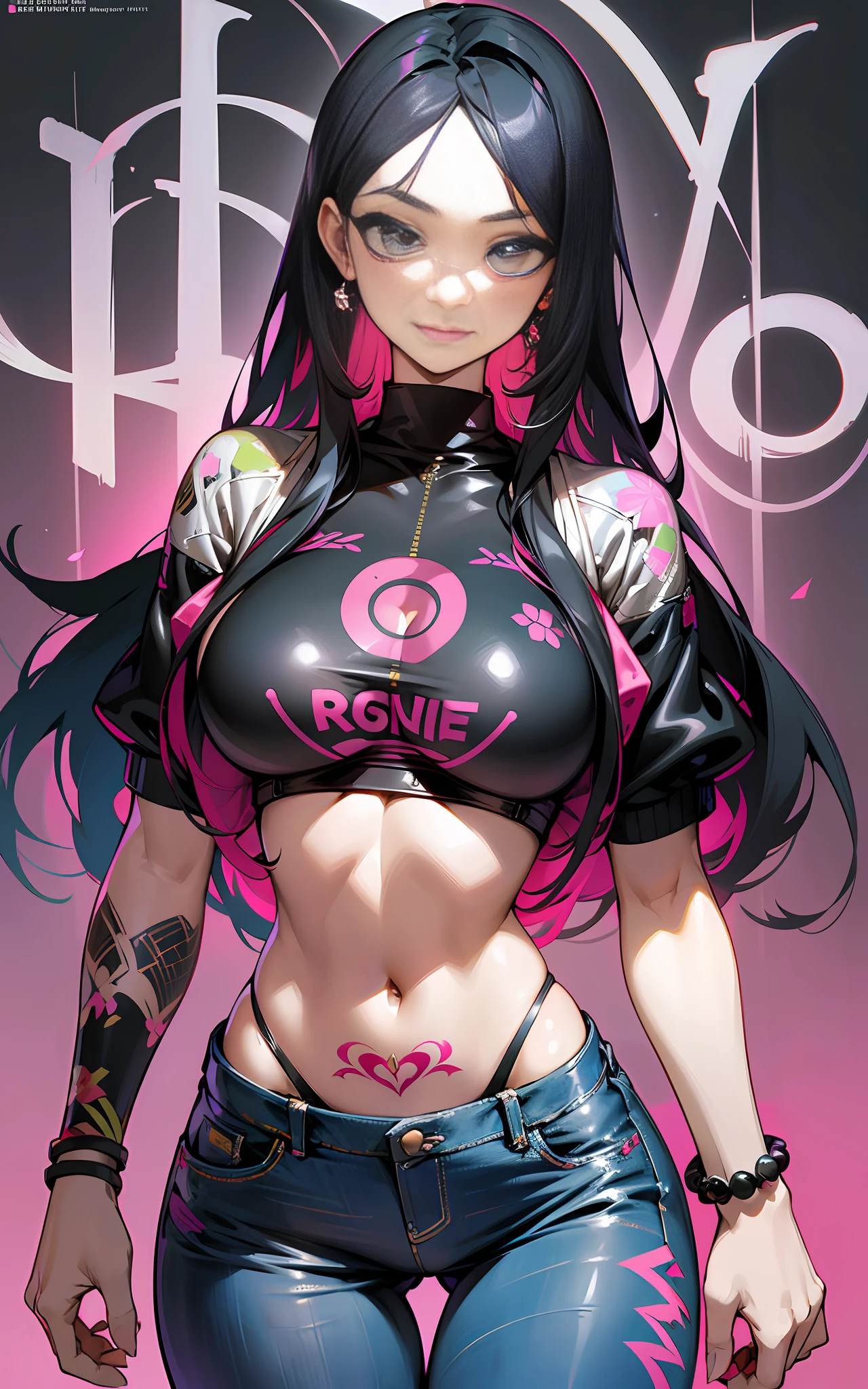 background, mixed-language_text, Japanese letters in graffit, ashley alexiss beautiful woman, long black hair, excellent lighting, sidelighting, perfect ultimate (flat color pink bubblegum gradient: 1.3), (magazine_cover: 1.4), (multicolored_background: 1.3), striped_background, card_background, :: discs with sharp and shiny blades in hand :: circular pieces of white metals glued to the ultra detailed arms coming out sparkling glow, black star design stamped in the middle of the t-shirt, perfect and detailed sculptural body, ultra detailed shirt with abstract design and with Japanese letter print in grafit of the sides of the clothing, worn jeans, big breast, with immersive effects, hover effect, background graffiti style flowers with flowers and vibrant colors, "ultra" hdr detailed and with focus effect, (masterpiece: 1.2, best quality), (beautiful emerald yellow eyes with huge finely detailed eyelashes: 1.2), , ((Solo)), (Finely detailed eyes and detailed face:1.3),beautiful ultra-detailed eyes, lineart light smile, graffiti and tattoo style backdrop, woman, alone. midriff, skintight bodysuit with detailed tattoo-style print, ultra-detailed red gradient leather jacket, hot thighs, black skintight pants with ultra-detailed white and pink detailing, large breasts, ultra-detailed bracelets on arms, , bracelet on right arm with ultra bright red energy