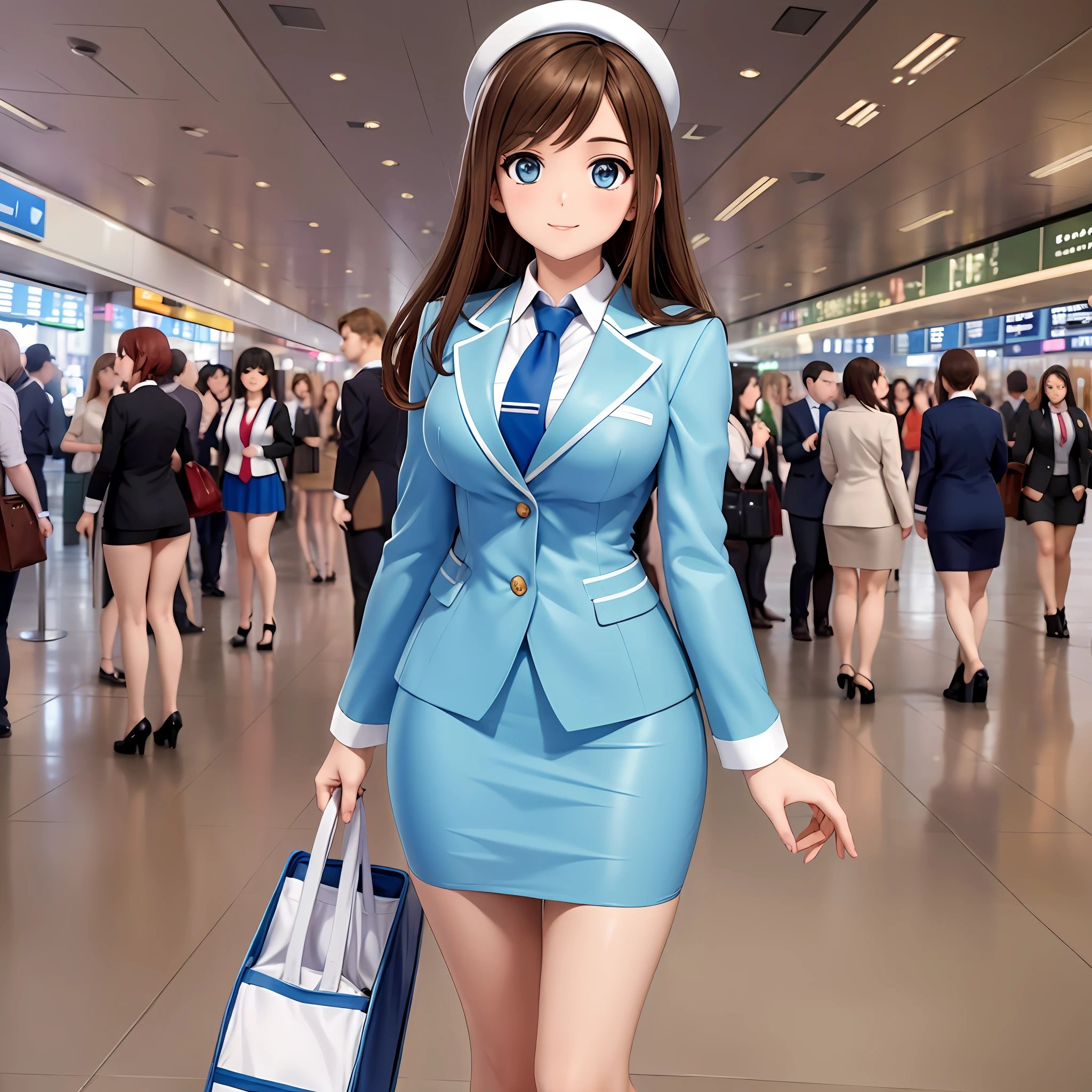 {{Mature female, caucasian}}, looking at viewer, hazel eyes, extremely detailed, medium breasts, brown hair, airport, flight attendant, uniform, lighy blue blazer, light blue necktie, light blue skirt, medium skirt, pencil skirt, bare legs, blue high heels, happy, best quality, high quality, extremely detailed anime screencap, {{{{crowded, multiple girls, thousands of sisters, millions of sisters,billions of sisters, clone, doppelganger, matching outfit, matching hairstyle}}}}, full body