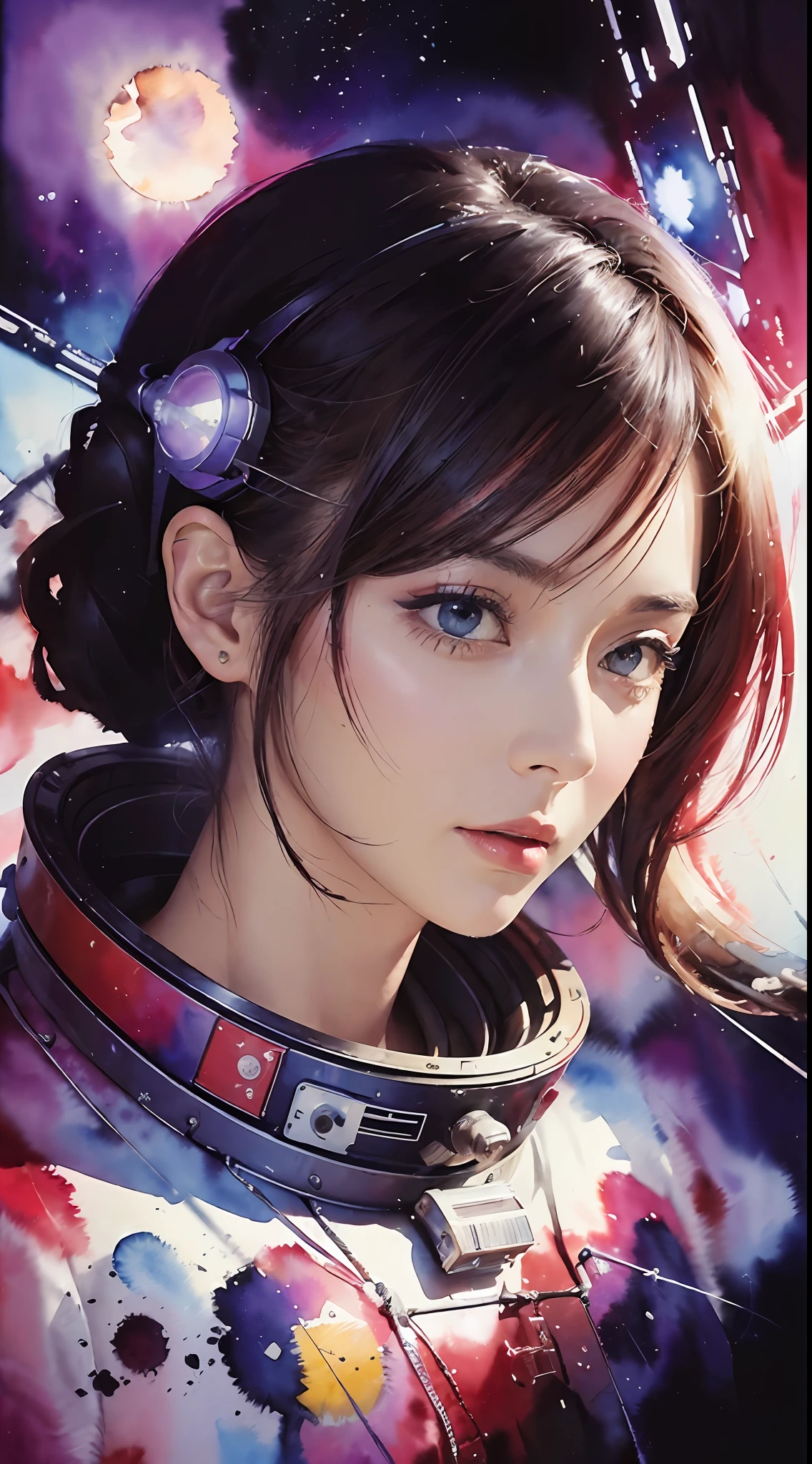 (masterpiece, top quality, best quality, extreme detailed, highest detailed, official art, beautiful and aesthetic:1.2), colorful, cowboy shot, beautiful face, solo, perfect body, 1girl, in space, spacecraft, spacesuit, sun rays, indoors, (wires and cables:1.1), (science fiction:1.2), porthole, illuminator, stars,fantasy, high contrast, ink strokes, explosions, over exposure, purple and red tone impression , abstract, ((watercolor painting by John Berkey and Jeremy Mann )) brush strokes, negative space,