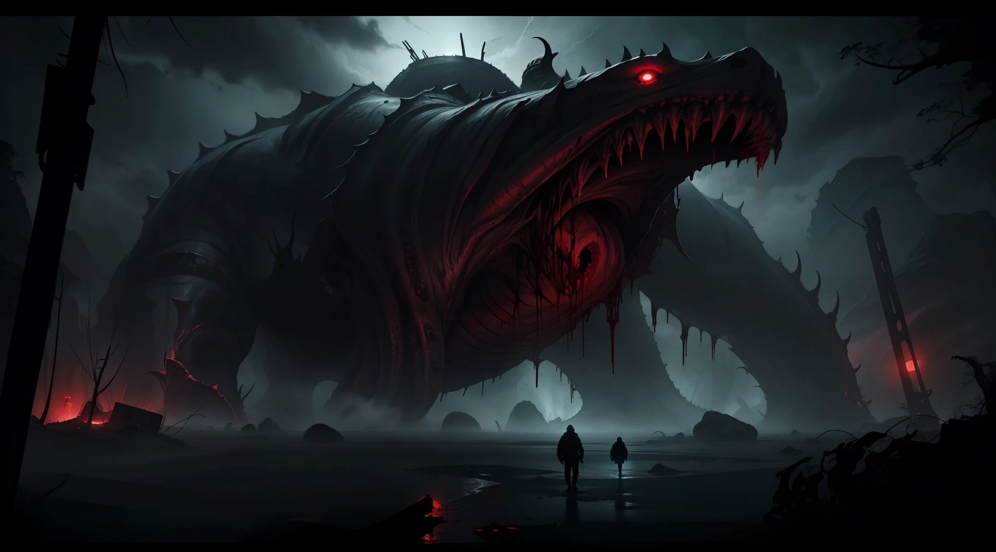 A gigantic and monstrous deformed creature with disgusting tentacles, night, dark environment, darkness, fog, blood