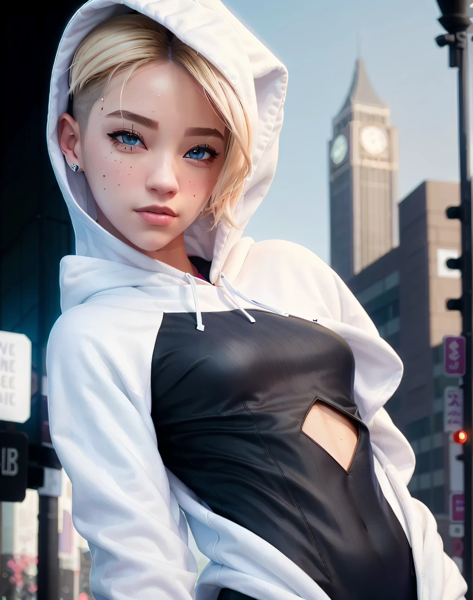 (masterpiece), ((best quality)), parted lips, light_smile, cinematic lighting, ultra-realistic, ((realistic)), (gwen_stacy), blonde_hair, short_hair, solo, sidecut, asymmetrical_hair, parted_lips, eyebrow_piercing, (detailed face), beautiful 1girl, 1girl, looking at viewer, (beautiful detailed eyes), bodysuit, spider-suit, white hoodie, hood_down, portrait, upper_body, (side of head shaved), (small breasts)