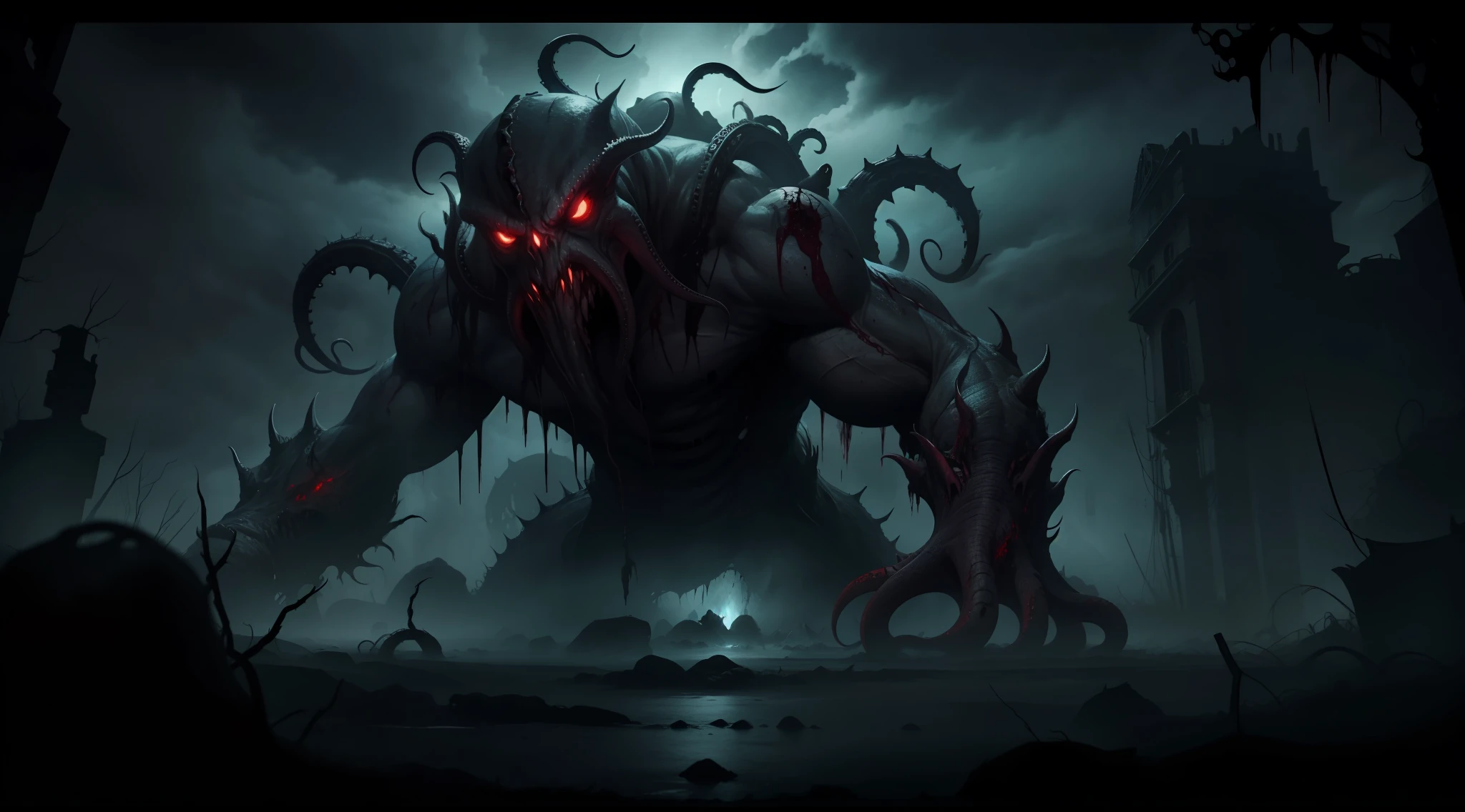a monstrous deformed creature with disgusting tentacles, night, dark environment, darkness, fog, blood