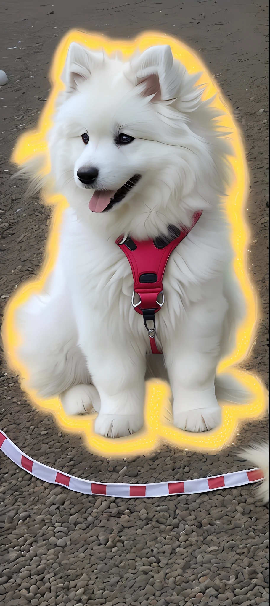 Close-up of a white dog with red harness, Samoyed dog, fluffy body, smol, fluffy hair, Shikamimi, Doge, Wabu dog, kawaii cute dog, Koda Kazuuma, furry neck, けもの, little white dog next to her, Japanese dog, poof, sly laughing, cute dog