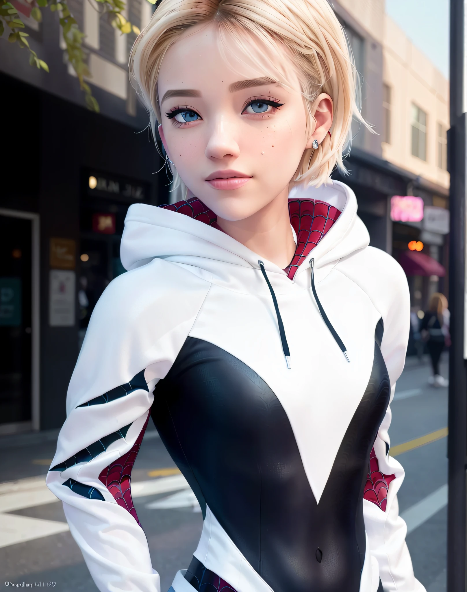(masterpiece), ((best quality)), parted lips, light_smile, cinematic lighting, ultra-realistic, ((realistic)), (gwen_stacy), blonde_hair, short_hair, solo, sidecut, asymmetrical_hair, parted_lips, eyebrow_piercing, (detailed face), beautiful 1girl, 1girl, looking at viewer, (beautiful detailed eyes), bodysuit, spider-suit, white hoodie, hood_down, portrait, upper_body, (side of head shaved), (small breasts)