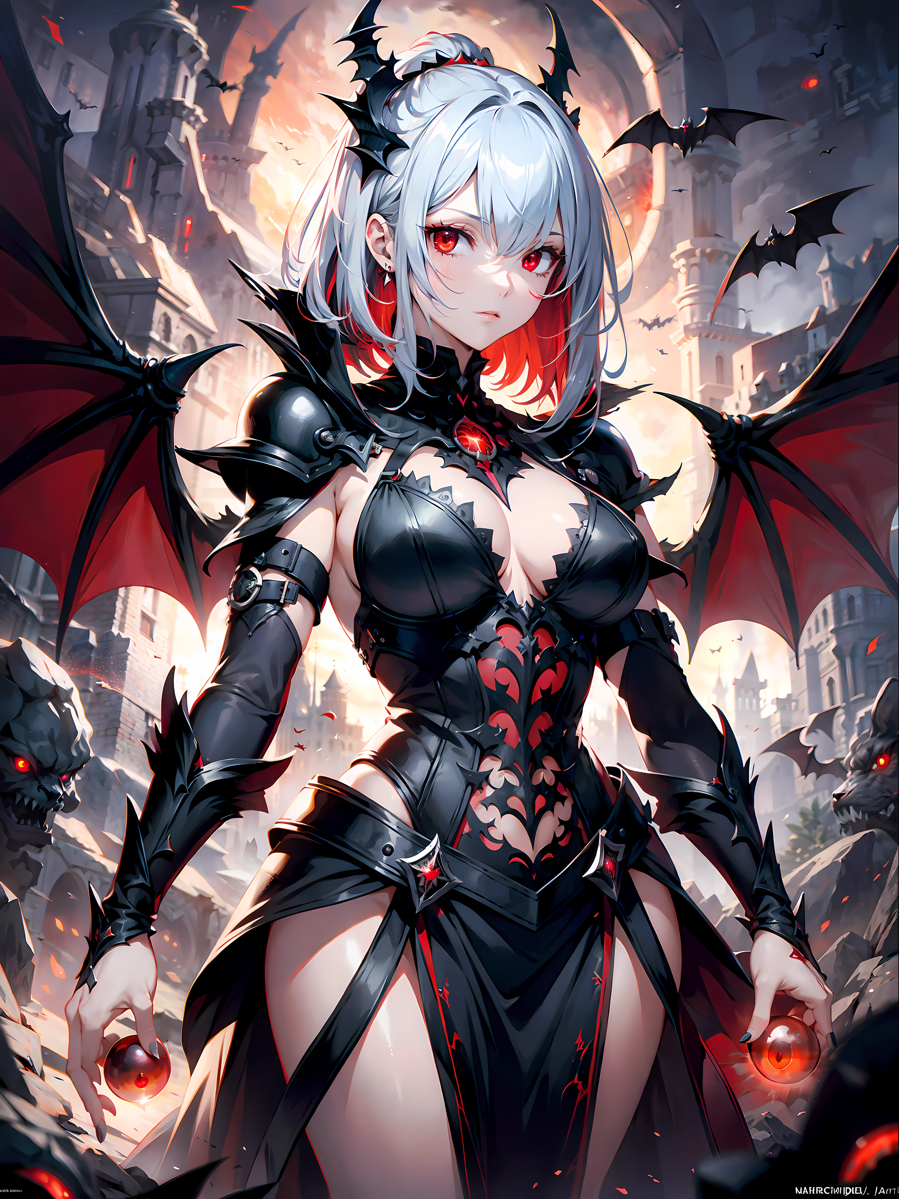 (Best Illustration), 8k Resolution, Intricate Details, Best Quality, Realistic, Ultra Detailed, Best Lighting, Best Shadows, Ultra HD, BREAK a beautiful female Necromancer, Night, dark Magical auras, Dark Style, Vampire, Bat wings, bats flying around, fog, blood splash on the ground, blood moon, red sky, dark theme, (shining red eyes:1.6), BREAK medium breasts, absurdres, ponytail contorted, best ratio four finger and one thumb, (gothic style castle background), tall and seductive body, cold face, evil looking, tattoos,tall body, sharp focus,(red energy ball), BREAK Detailed,Realistic,4k highly detailed digital art,octane render, bioluminescent, BREAK 8K resolution concept art, realism,by Mappa studios,masterpiece,best quality,official art,illustration,ligne claire,(cool_color),perfect composition,absurdres, fantasy,focused,rule of thirds