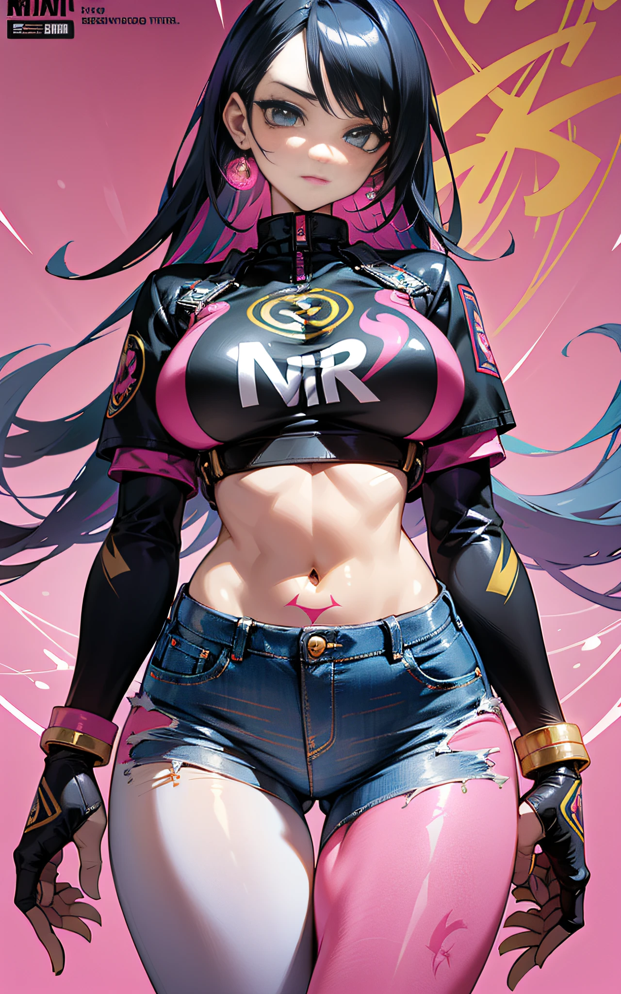 background, mixed-language_text, Japanese letters in graffit, ashley alexiss beautiful woman, long black hair, excellent lighting, sidelighting, perfect ultimate (flat color pink bubblegum gradient: 1.3), (magazine_cover: 1.4), (multicolored_background: 1.3), striped_background, card_background, :: discs with sharp and shiny blades in hand :: circular pieces of white metals glued to the ultra detailed arms coming out sparkling glow, black star design stamped in the middle of the t-shirt, perfect and detailed sculptural body, ultra detailed shirt with abstract design and with Japanese letter print in grafit of the sides of the clothing, worn jeans, big breast, with immersive effects, hover effect, background graffiti style flowers with flowers and vibrant colors, "ultra" hdr detailed and with focus effect, (masterpiece: 1.2, best quality), (beautiful emerald yellow eyes with huge finely detailed eyelashes: 1.2), , ((Solo)), (Finely detailed eyes and detailed face:1.3),beautiful ultra-detailed eyes, lineart light smile, graffiti and tattoo style backdrop, woman, alone. midriff, skintight bodysuit with detailed tattoo-style print, ultra-detailed red gradient leather jacket, hot thighs, black skintight pants with ultra-detailed white and pink detailing, large breasts, ultra-detailed bracelets on arms, , bracelet on right arm with ultra bright red energy