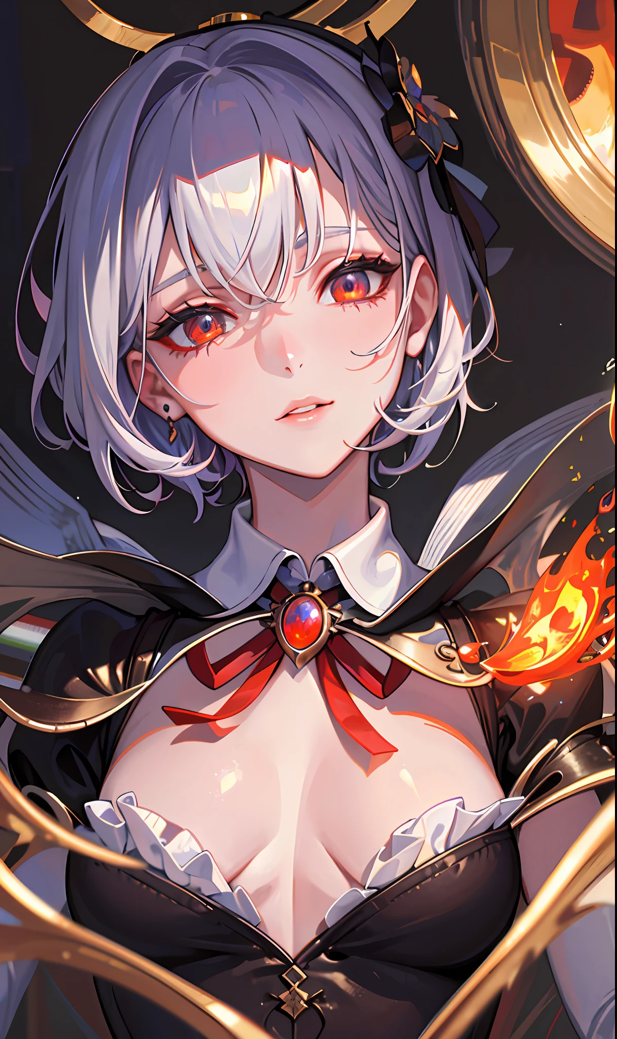 (masterpiece, sidelighting, finely detailed beautiful eyes: 1.2), (masterpiece*portrait), portrait, (bust), realistic, 3d face, lusious skin, ((solo)), (close-up of face), (fire opal-like eyes), hanging eye corners, ((high-detail skin, visible pores)), (Perfect body), a beautiful steampunk girl, small breasts, ((Gothic style clothes)), (ribbon collar), (short gloves as short as half the palm of your hand)