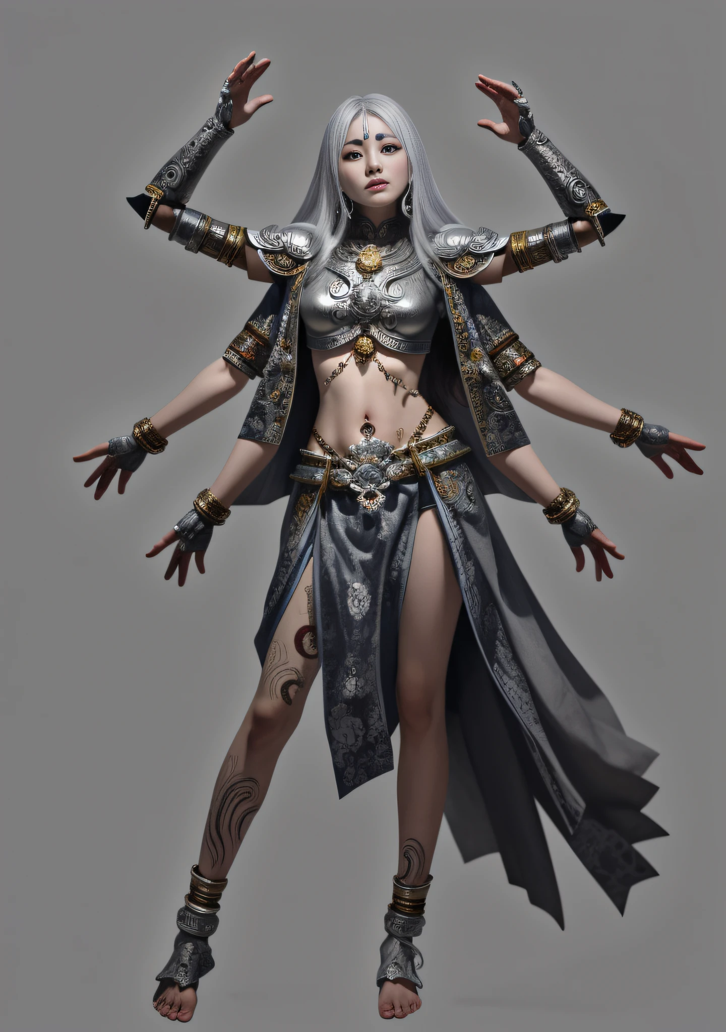 Asura Goddess, Buddhist elements, detailed face and eyes, long silver hair, full body, Japanese armor, rich details, gorgeous patterns, shabby fabric, barefoot, realistic, photos, masterpieces, realism, complex design, game models, movie edge light, delicate light, masterpiece, super detail, epic composition, super HD, high quality, highest quality, 32k --niji 5