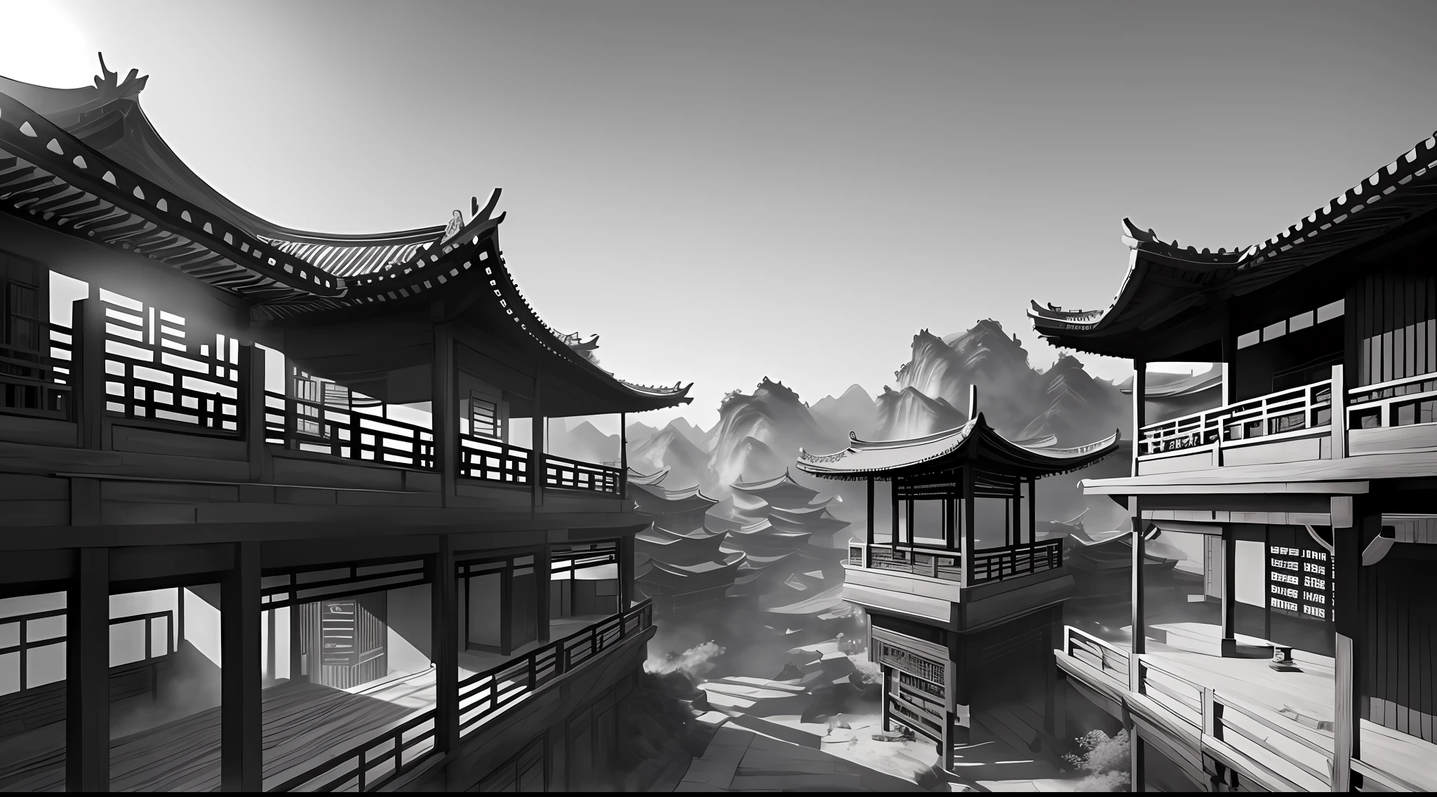 Chinese loft landscape, ink painting, color monotone, cool tone, martial arts movie story style, highly detailed, dynamic, epic realistic, realistic lighting and shadows, inspired by Jin Yong, vibrant, 8k, Octane rendering, Unreal Engine, Very Detailed, Realistic, Cry Engine, Masterpiece, Best Quality --v 6