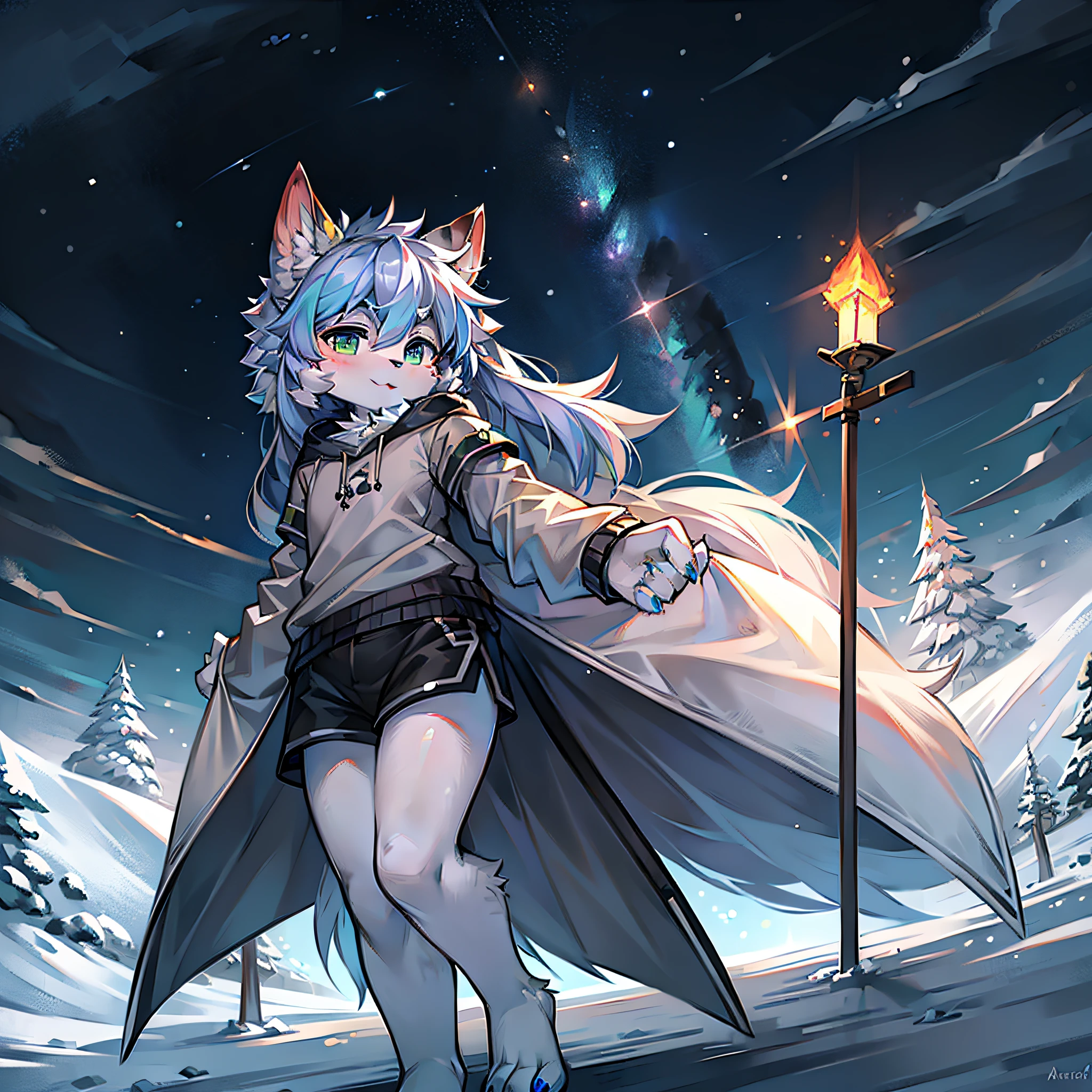 Beast, snowfield, furry, masterpiece, high quality portrait, super cute face, wind, wolf attribute, northern lights, shorts, hand fine treatment