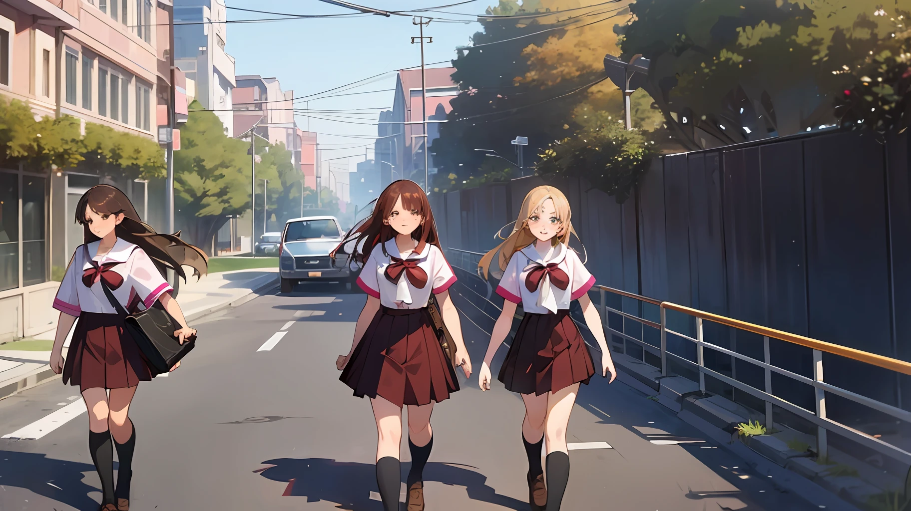 {{age female, caucasian, group of bully girls}}, looking at viewer, hazel eyes, extremely detailed, brown hair, blonde hair, red hair, black hair, pink clothes, bully, mean girl, tough girl, schoolgirl, bruises, scars, happy, best quality, high quality, extremely detailed anime screencap, full body