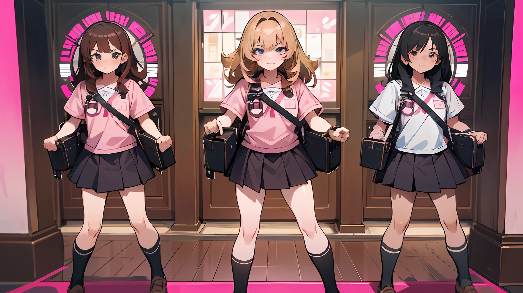 {{Teenage female, caucasian, group of bully girls}}, looking at viewer, hazel eyes, extremely detailed, brown hair, blonde hair, red hair, black hair, pink clothes, bully, mean girl, tough girl, schoolgirl, bruises, scars, happy, best quality, high quality, extremely detailed anime screencap, full body
