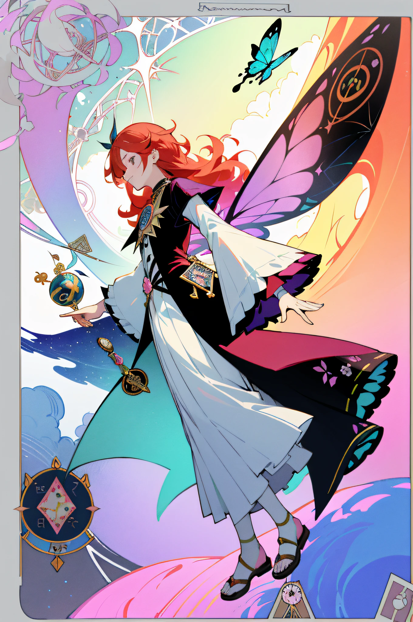 (Golden Ratio: 1.2),(Rose Graffiti:1.2),(Fault Color:1.3),[(White:1.4)::10],(Full-body:1.2),(Ultra Detail:1.3),(Tarot:1.6),(Magician:1.6),(Magician: Tarot): 1.6), (Paper: 1.2), (Fairy: 1.6), (Fairy Wings: 1.2), Full body, standing in the air, (Cool: 1.2), (Red Long Hair),(Butterfly Hair Ornament),( Floral Hair Ornament: 1.0),((Sandals,Rocket)),(Colorful Cocktail Long Dress:1.0)+ (Loose Sleeve Coat:1.3)+(Floating Colorful Tassel and Ribbon: 1.2),(White Stockings: 1.2),(Multicolored Ink Paper Flowers Growing on Face:1.2),(Colorful Flower Sea:1.3),(Chaotic Geometric Image:1.3 ), (Negative space: 0.8), (Drawing board: 1.3), (Ether Colorful Ink Flow: 1.3)