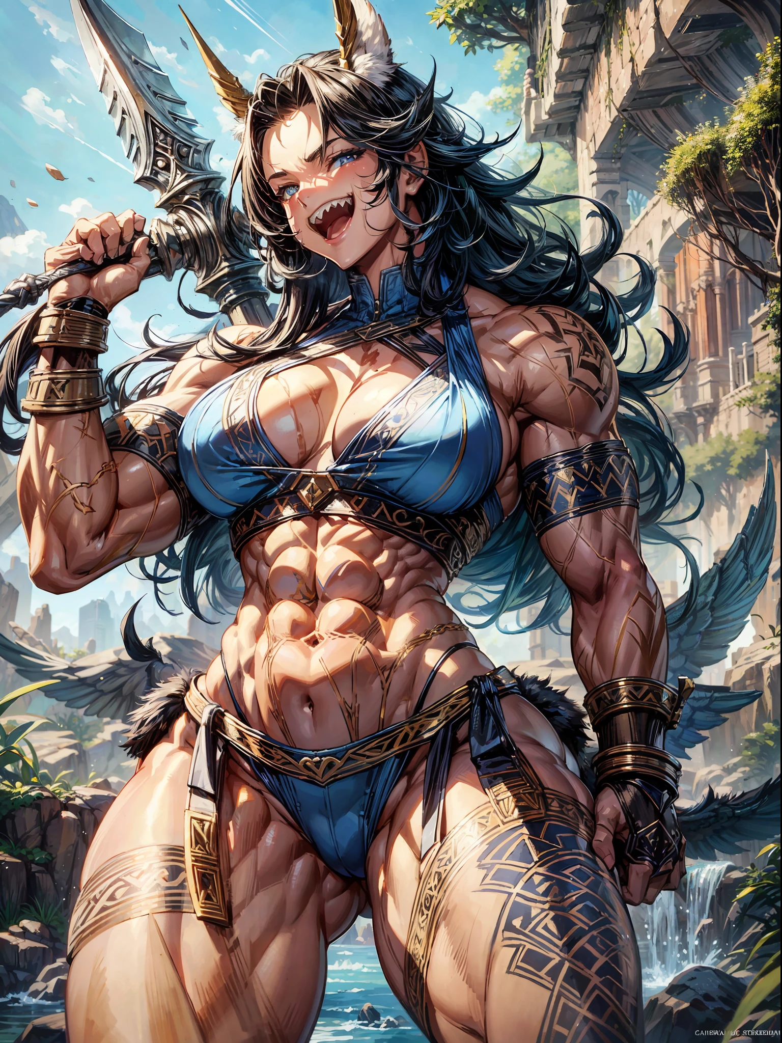 highly detailed, muscular barbarian girl with huge body and her weapon, her laughing with her sharp teeth, realistic painting, by Charles Gregory and Antonio Jacobsen and Edward Moran, (long shot), clear blue sky, intricated details