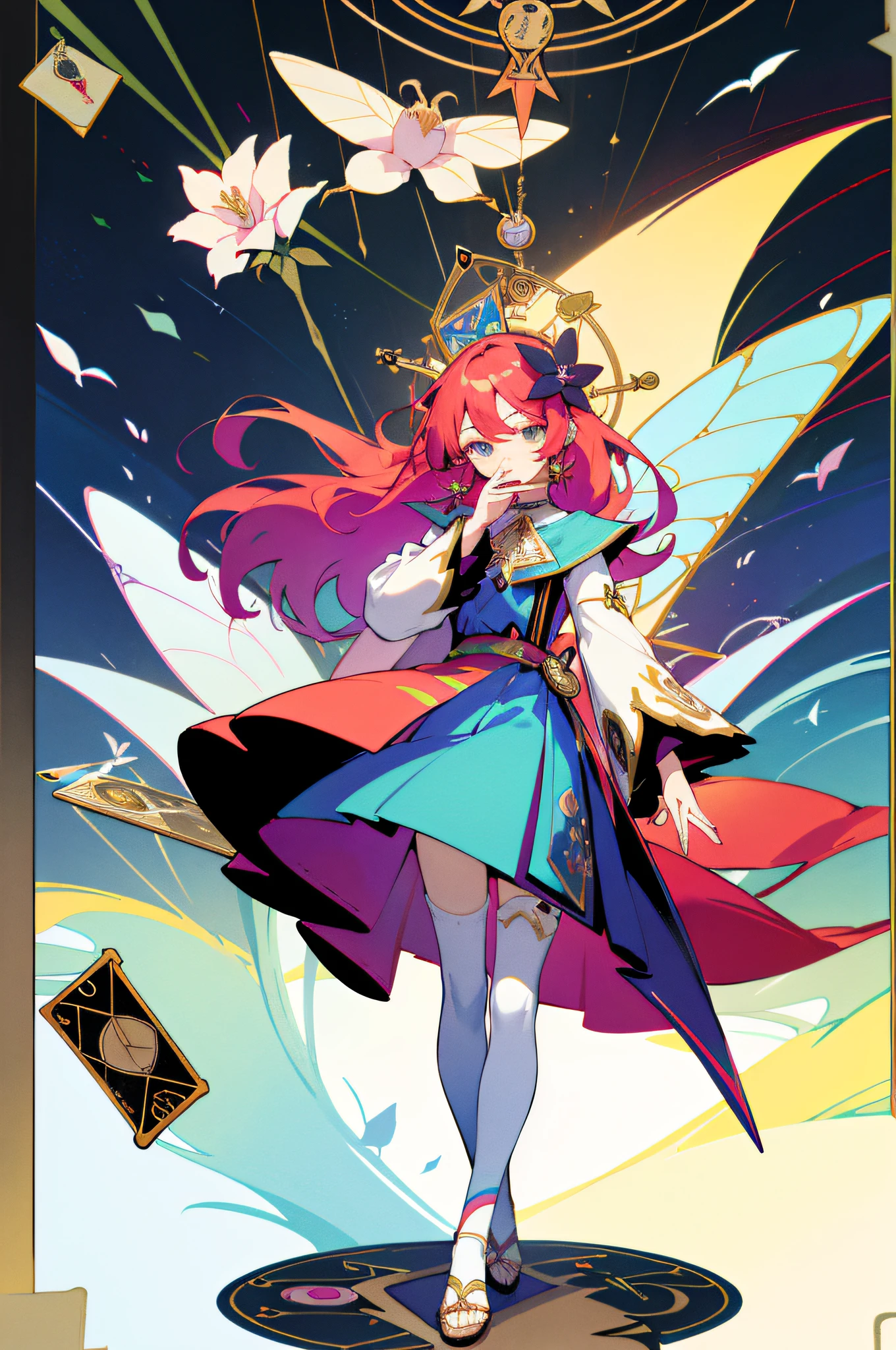 (Golden Ratio: 1.2),(Rose Graffiti:1.2),(Fault Color:1.3),[(White:1.4)::10],(Full-body:1.2),(Ultra Detail:1.3),(Tarot:1.6),(Magician:1.6),(Magician: Tarot): 1.6), (Paper: 1.2), (Fairy: 1.6), (Fairy Wings: 1.2), Full body, standing in the air, (Cool: 1.2), (Red Long Hair),(Butterfly Hair Ornament),( Floral Hair Ornament: 1.0),((Sandals,Rocket)),(Colorful Cocktail Long Dress:1.0)+ (Loose Sleeve Coat:1.3)+(Floating Colorful Tassel and Ribbon: 1.2),(White Stockings: 1.2),(Multicolored Ink Paper Flowers Growing on Face:1.2),(Colorful Flower Sea:1.3),(Chaotic Geometric Image:1.3 ), (Negative space: 0.8), (Drawing board: 1.3), (Ether Colorful Ink Flow: 1.3)