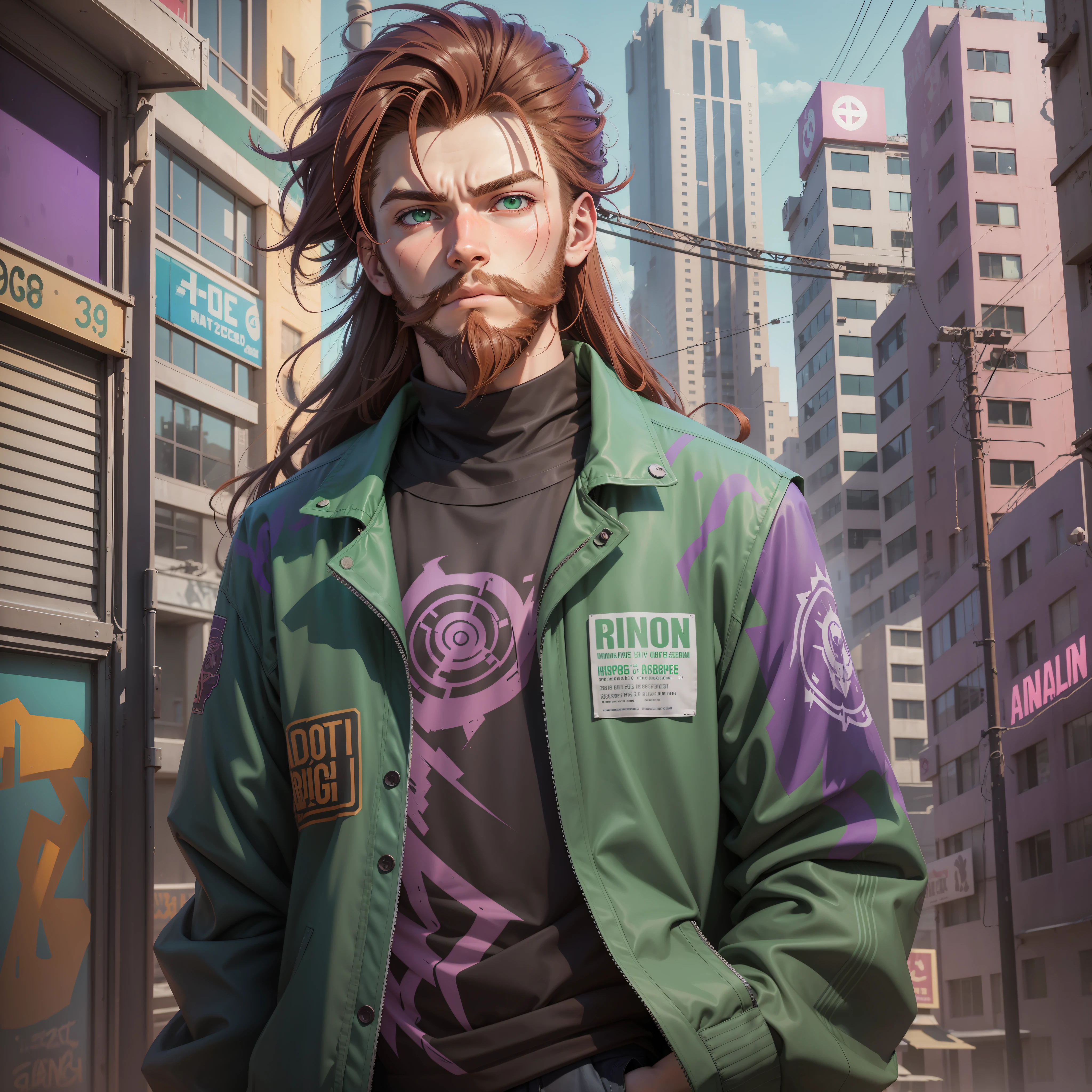 Character half aside, male, boy, , medium beard, red brown hair, green eyes, long hair, calm. wise, background with neon purple graffiti, utopian city, Surrealism, Minimalism, Expressionism, anime style, drop shadow, film grain, vignetting, silhouette, 1080P, anatomically correct