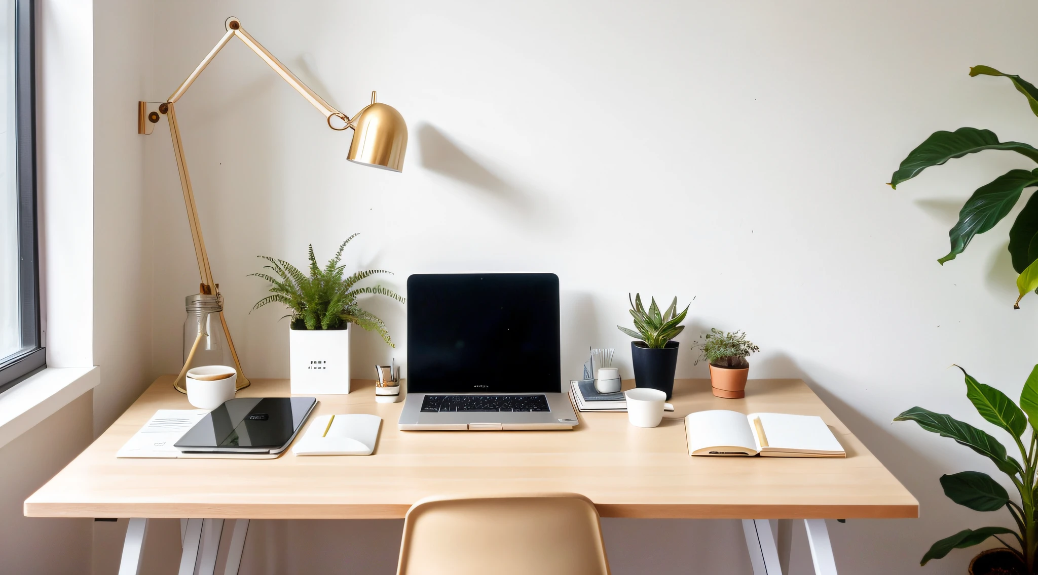 Home office with minimalist decoration in offwhite and beige colors, with a modern table and on top of the table a MacBook, a single small plant vase, some notebooks and a cup of coffee. Cozy and cozy photo., realistic photo, Canon 85mm, pay attention to details, use only a table and a MacBook, 8K, extremely detailed