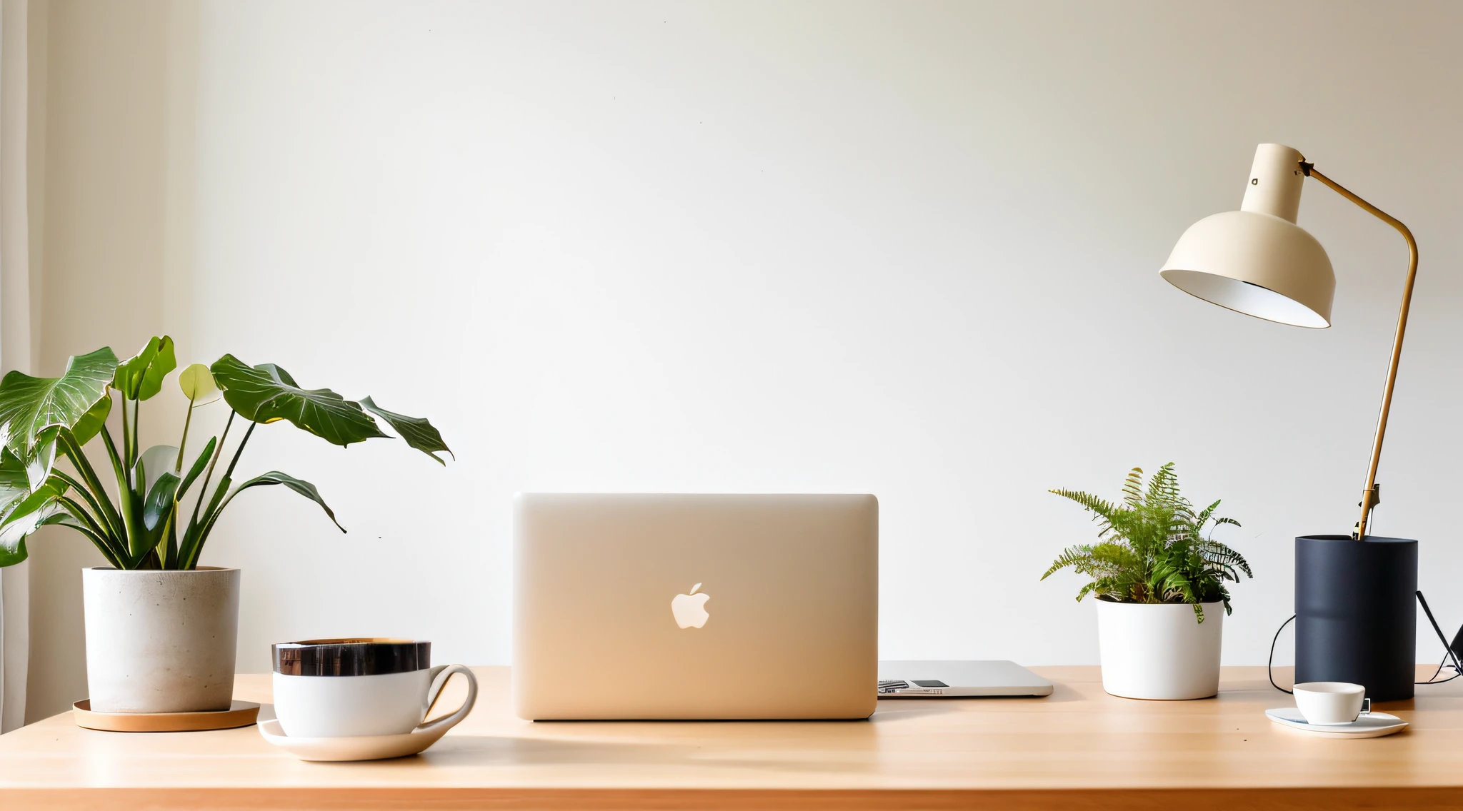 Home office with minimalist decoration in offwhite and beige colors, with a modern table and on top of the table a MacBook, a single small plant vase, some notebooks and a cup of coffee. Cozy and cozy photo., realistic photo, Canon 85mm, pay attention to details, use only a table and a MacBook, 8K, extremely detailed