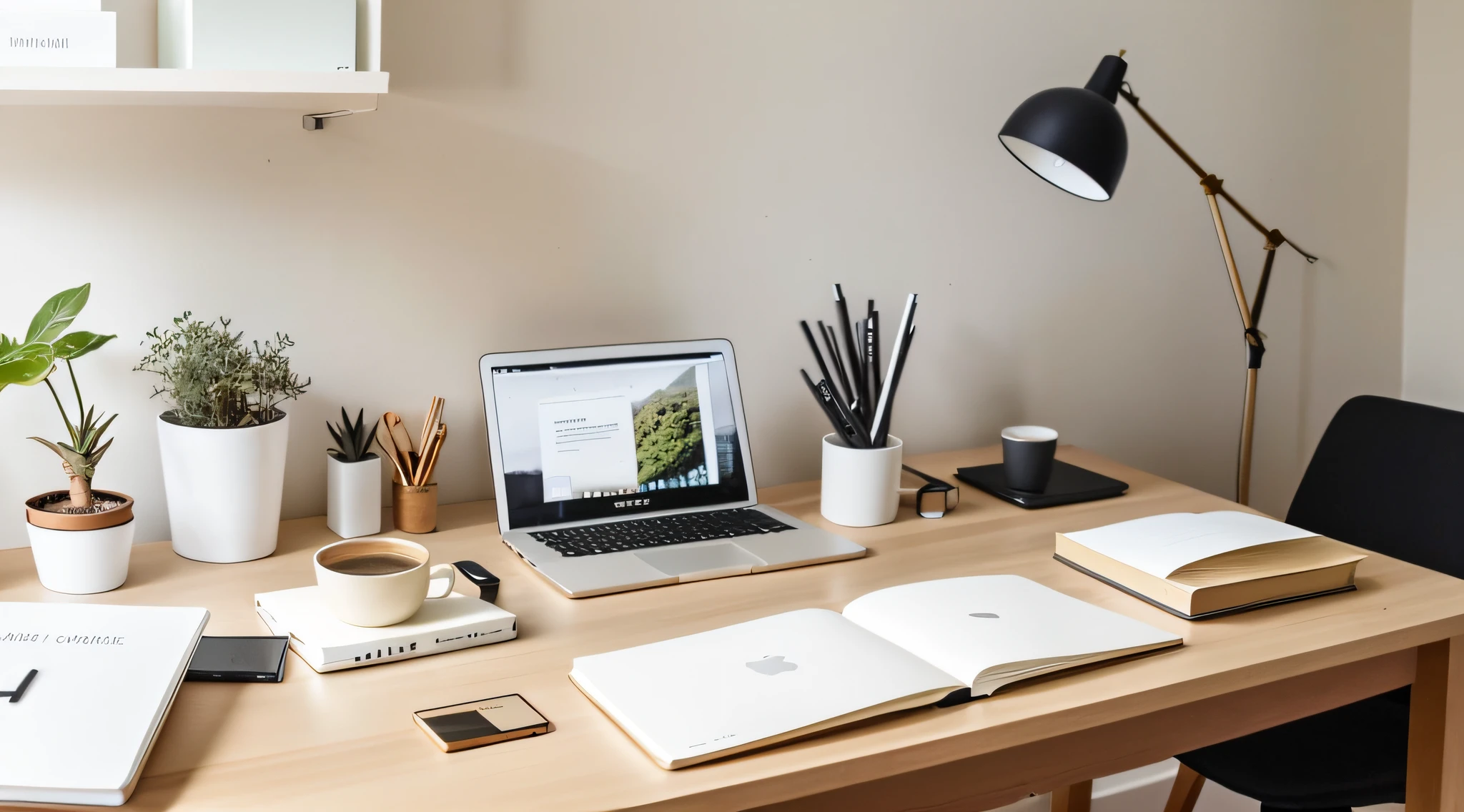 Home office with minimalist decoration in offwhite and beige colors, with a modern table and on top of the table a MacBook, a single small plant vase, some notebooks and a cup of coffee. Cozy and cozy photo., realistic photo, Canon 85mm, pay attention to details, use only a table and a MacBook, 8K, extremely detailed
