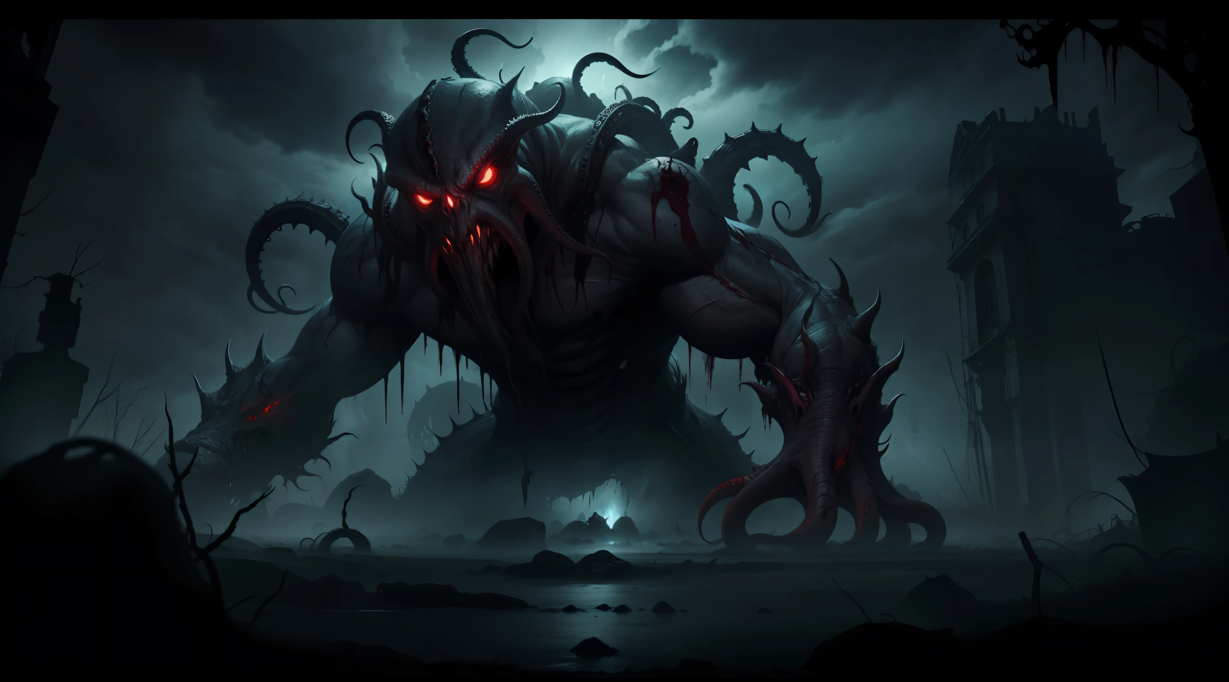 a monstrous deformed creature with disgusting tentacles, night, dark environment, darkness, fog, blood