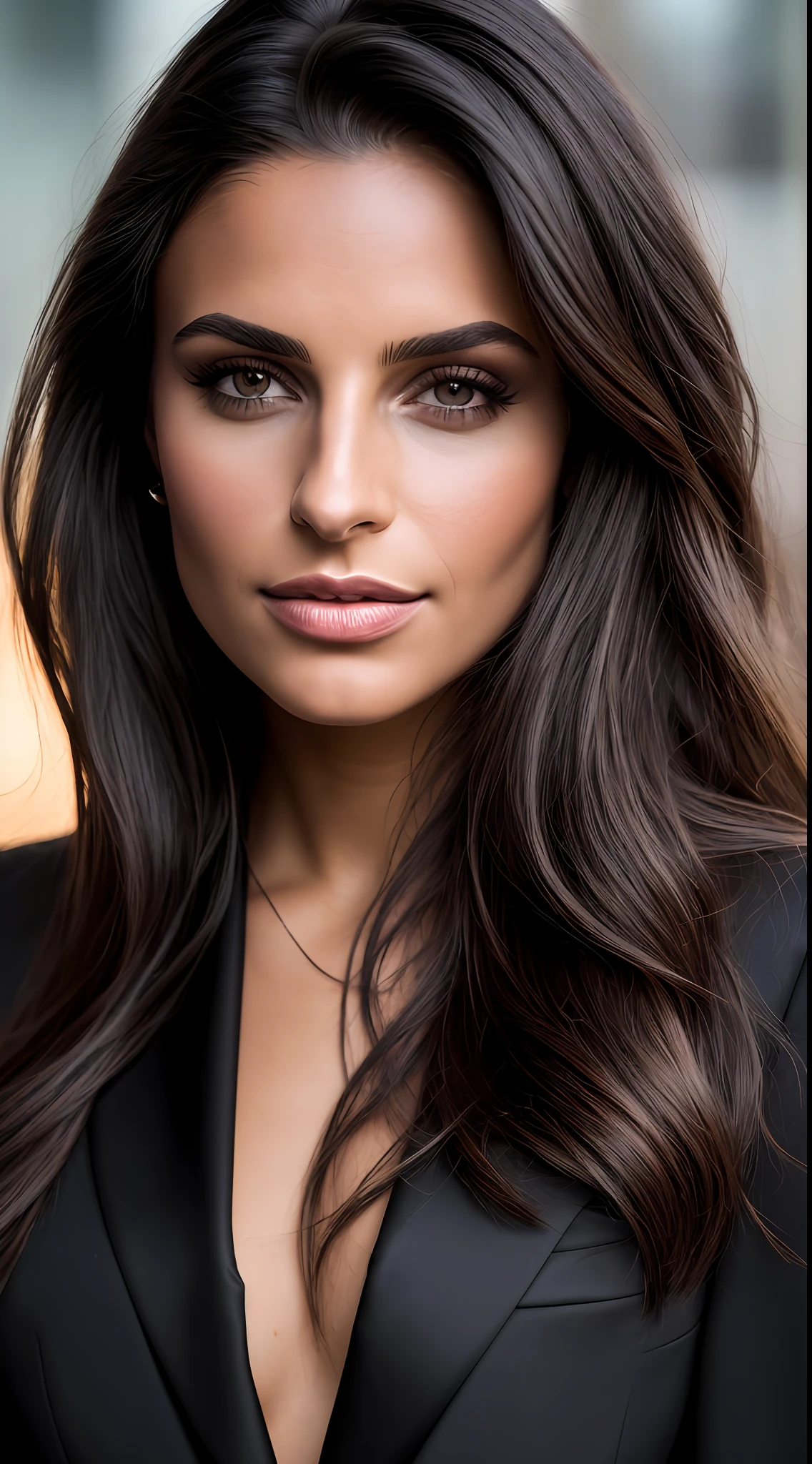 dark and gloomy, 8k, front photo of a 30-year-old brunette Brazilian businesswoman dark at night, (realistic dark brown hair straight and with light waves) , makeup, nude lips, brown eyes, (wearing black chanel tailoring blazer, black silk blouse and black straight tailoring pants, closed clothes), frontal vision, looking very serious facing the viewer, hyper realistic,{a girl with extremely beautiful olive skin}, (highly detailed skin: 1.2) {{{masterpiece}}}, realistic texture, dynamic composition, Fujifilm XT2, 85mm F1.2, shutter speed 1/80, (bokeh), high contrast complete this image
