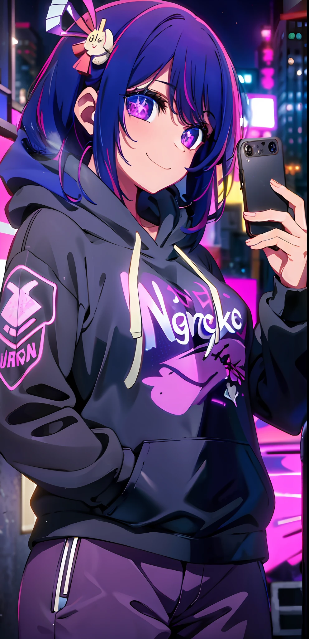 (masterpiece:1.2), best quality, absurdres, detailed background, masterpiece, best quality, smile, ornament, hoodie, neon purple , graffiti, dark, night, glowing eyes, selfie, medium breast