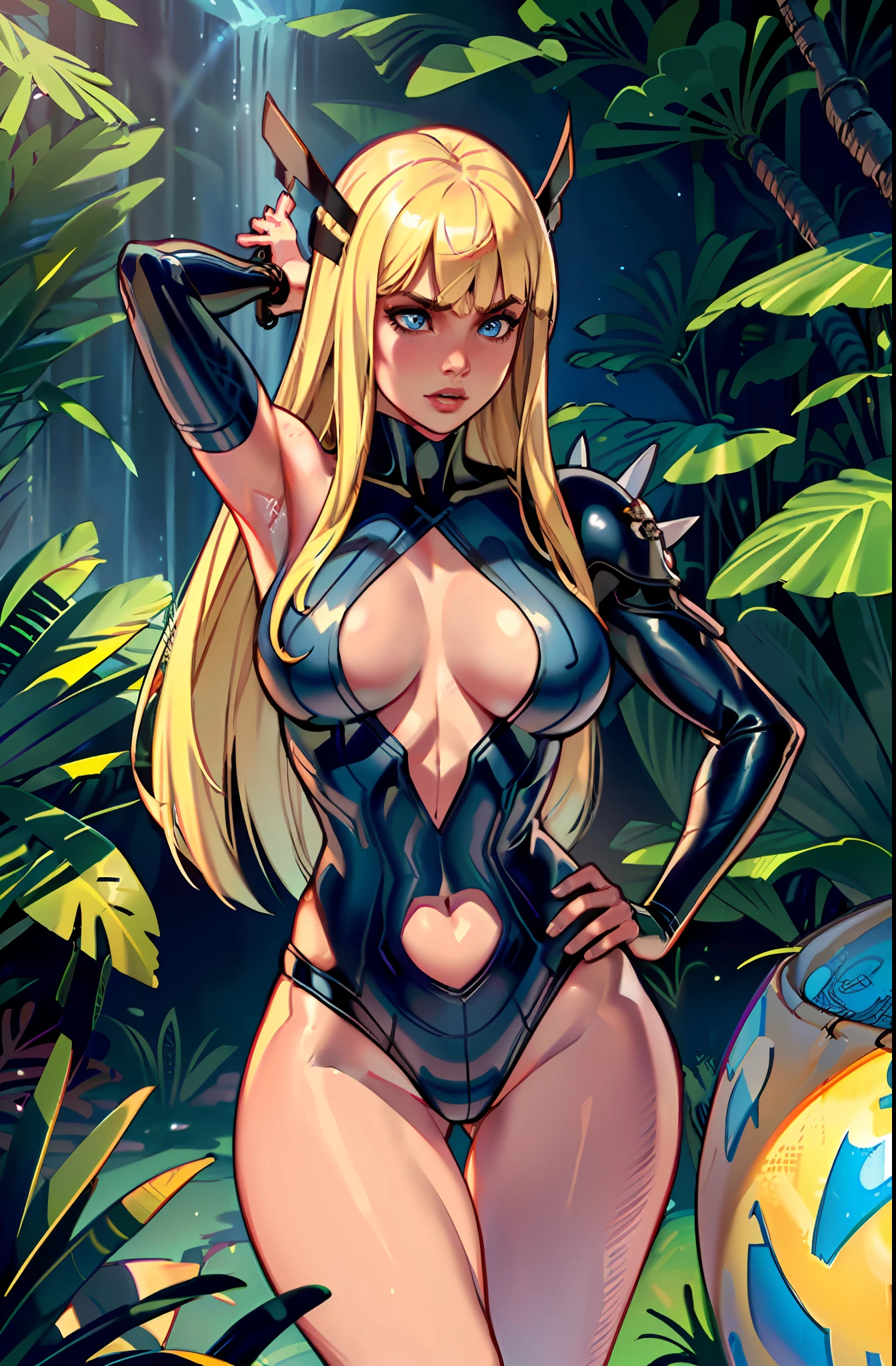 1girl (magik), perfect blue eyes, long blonde hair with bangs, medium , strong toned body, dancing hula in Hawaii, (((wearing sexy Ku1,4))) ("Masterpiece, high quality, detailed, high resolution, 4k, 8k, realistic skin texture, amazing shadows, perfect lighting, hyper-realistic.")