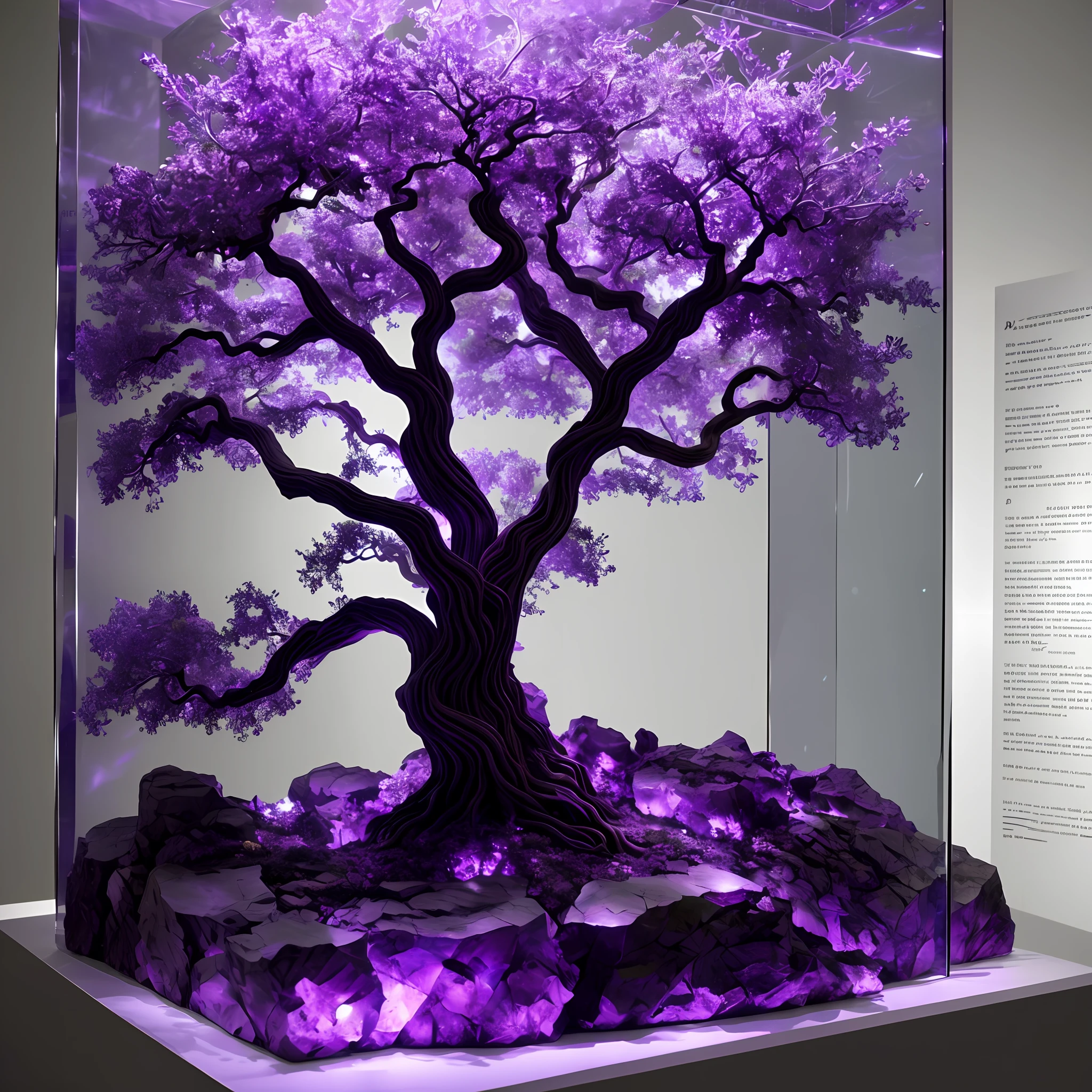a tree sculpted out of amethyst, volumetric lighting, museum display case