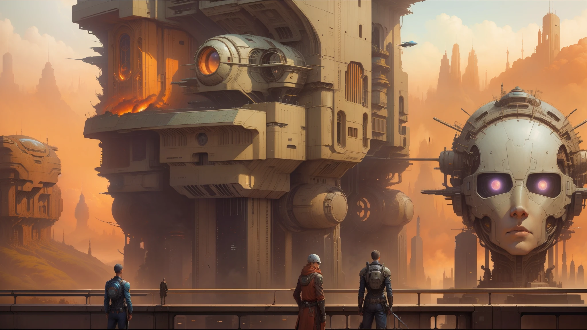 There is a painting of a futuristic city with a giant robot head, non-human face, Peter Gric and Dan Mumford, Beksiński and James Jean, Michael Whelan and Pixar, Justin Gerard and Greg Rutkowski, Style by Daniel Merriam, Andreas Rocha and John Howe , weta studio and James Jean, Larry MacDougall --auto --s2