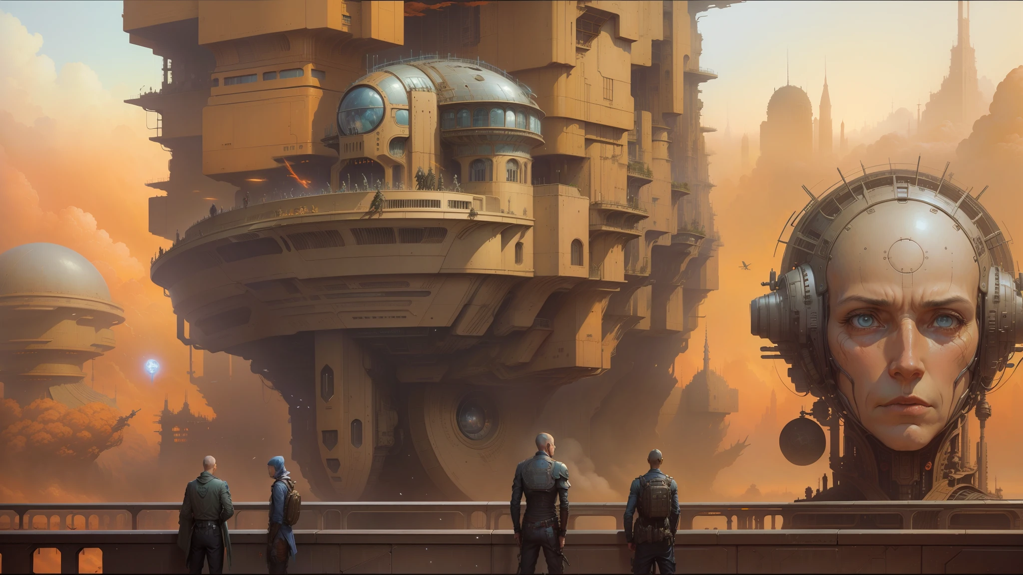 There is a painting of a futuristic city with a giant robot head, non-human face, Peter Gric and Dan Mumford, Beksiński and James Jean, Michael Whelan and Pixar, Justin Gerard and Greg Rutkowski, Style by Daniel Merriam, Andreas Rocha and John Howe , weta studio and James Jean, Larry MacDougall --auto --s2