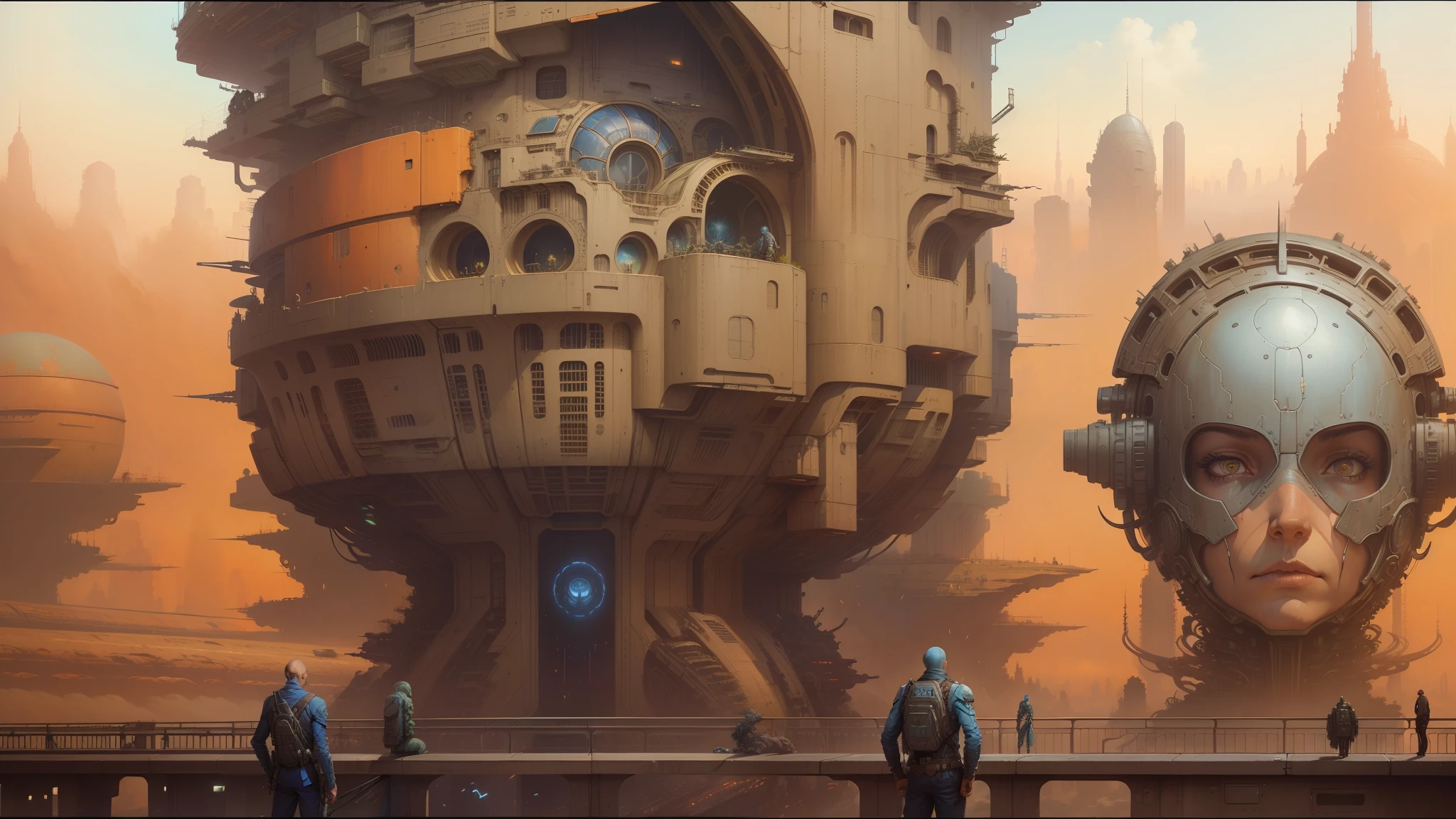 There is a painting of a futuristic city with a giant robot head, non-human face, Peter Gric and Dan Mumford, Beksiński and James Jean, Michael Whelan and Pixar, Justin Gerard and Greg Rutkowski, Style by Daniel Merriam, Andreas Rocha and John Howe , weta studio and James Jean, Larry MacDougall --auto --s2