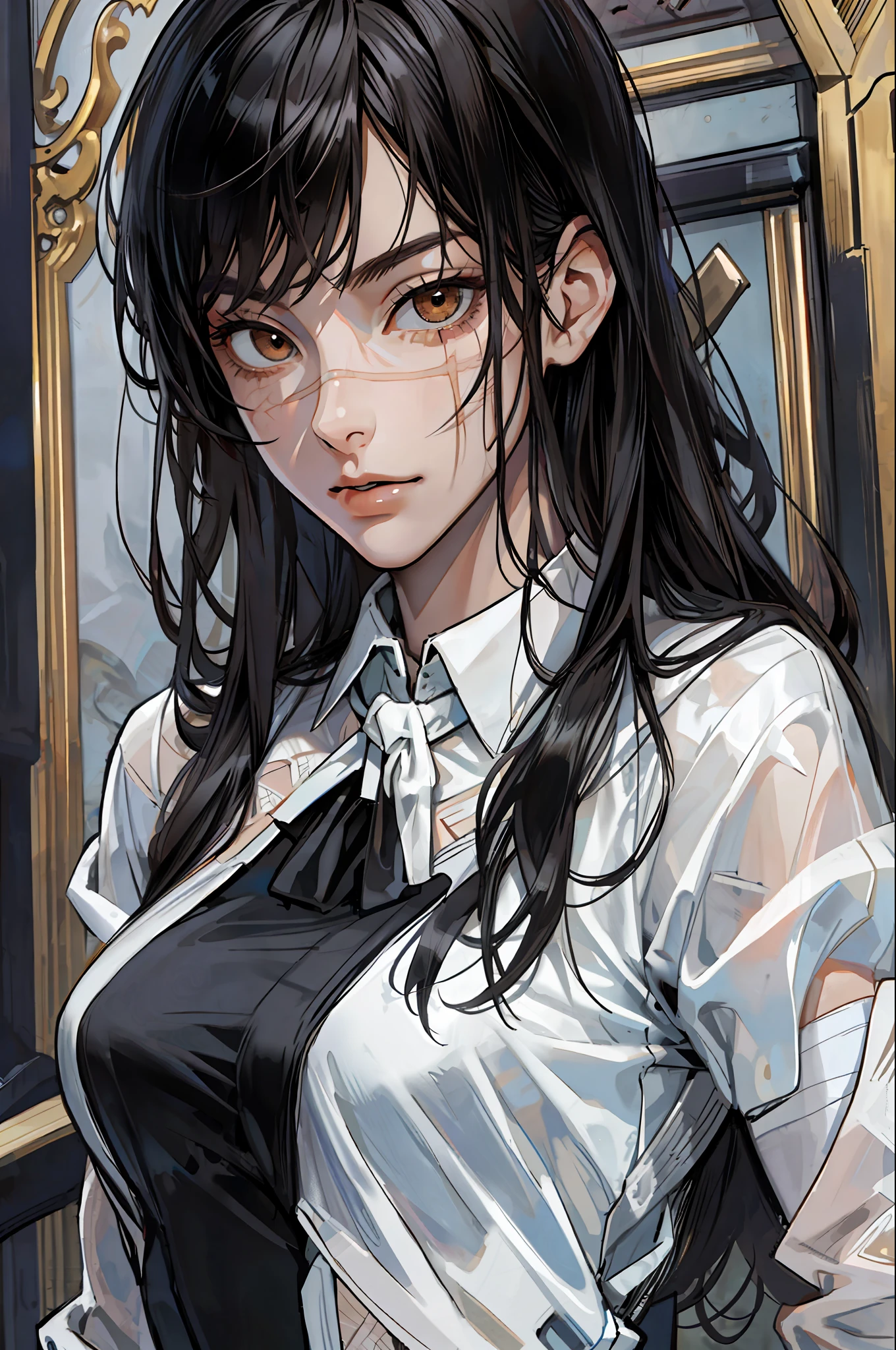 ((masterpiece, best quality)), (1girl), (solo), (female focus), yoru \(chainsaw man\),(very detailed face, real image, realistic white skin, realistic body, intricate details), upper body, brown eyes, looking at the viewer, bandages over the body, black hair, far sleeve shirt, pinaforee dress, black tie, bandages, bandages, bandages, small breasts