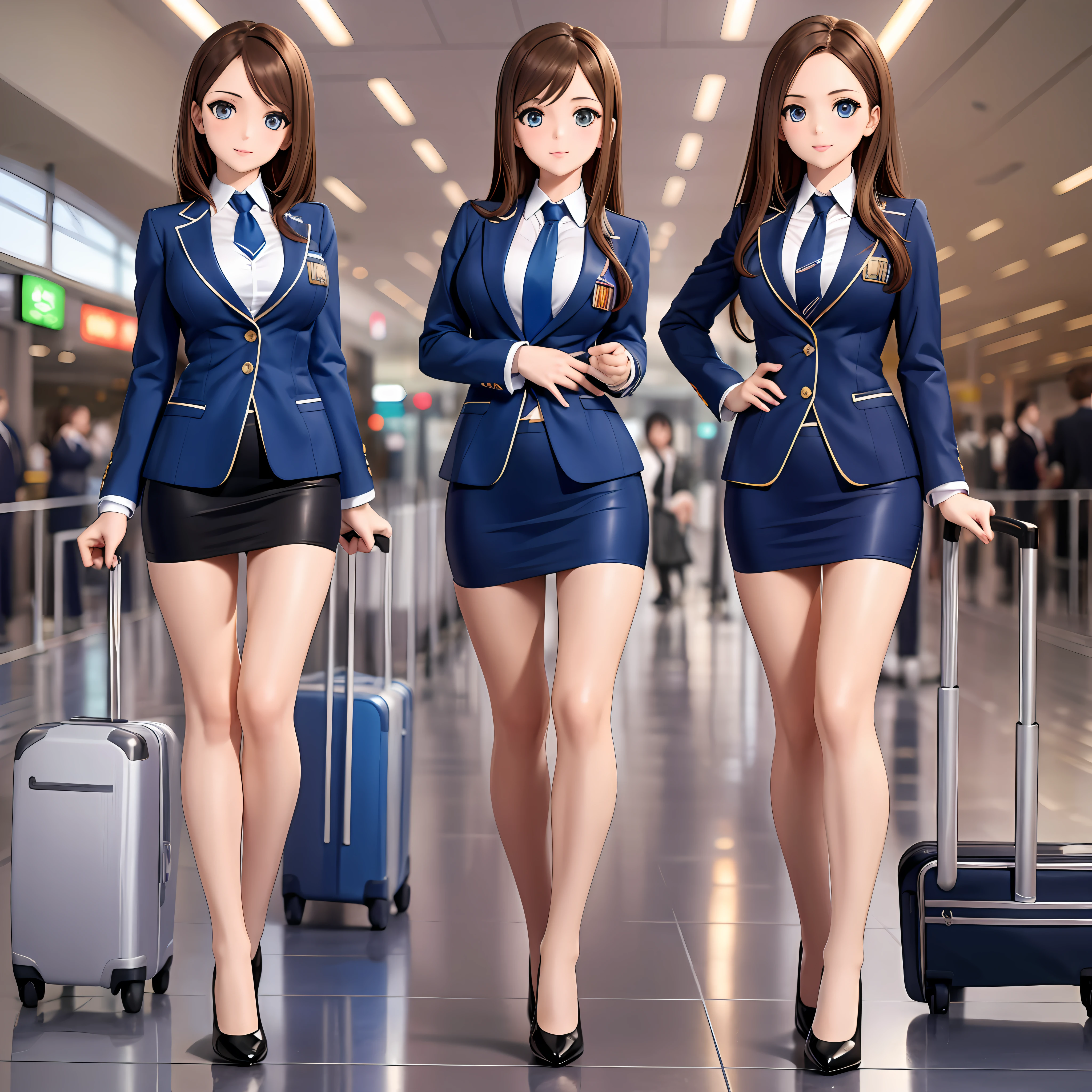 {{Mature female, caucasian}}, looking at viewer, hazel eyes, extremely detailed, medium breasts, brown hair, airport, flight attendant, uniform, dark blue blazer, dark blue necktie, dark blue skirt, medium skirt, pencil skirt, bare legs, blue high heels, happy, best quality, high quality, extremely detailed anime screencap, {{{{crowded, multiple girls, thousands of sisters, millions of sisters,billions of sisters, clone, doppelganger, matching outfit, matching hairstyle}}}}, full body