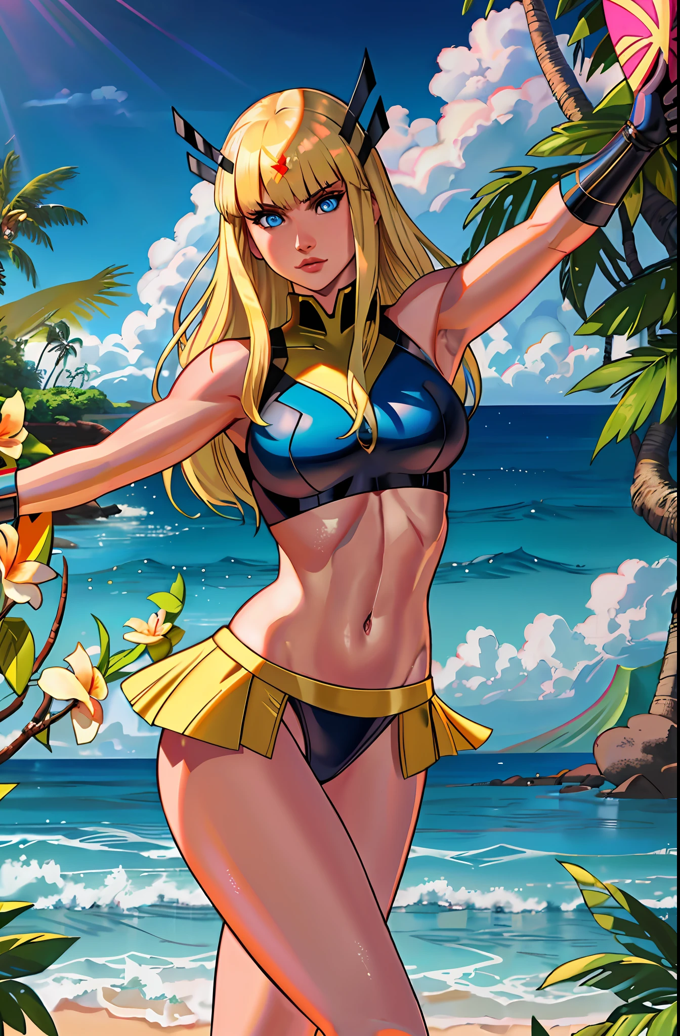 Magik (from x-men, perfect blue eyes, long blonde hair with bangs, medium breasts, strong toned body), ((dancing hula in Hawaii, wearing a sexy Kupe)), masterpiece:1,2, best quality:1,2, ultra-detailed:1,2, CG illustration, high resolution:1,2, best illumination, best shadow, extremely delicate and beautiful, appropriate shading, HD, 8k, ray tracing