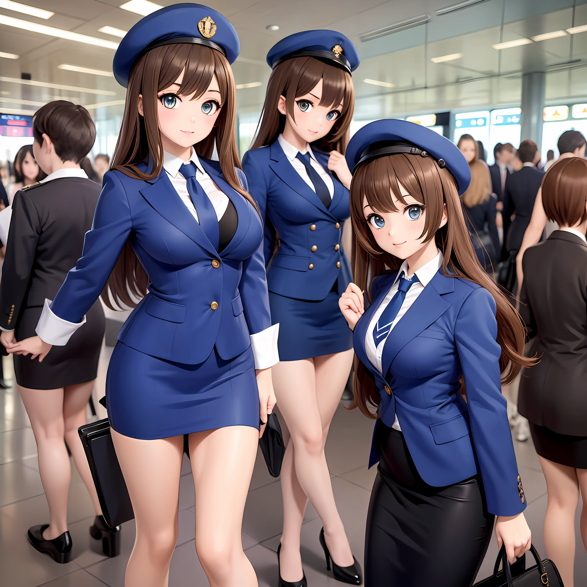 {{Mature female, caucasian}}, looking at viewer, hazel eyes, extremely detailed, medium breasts, brown hair, airport, flight attendant, uniform, dark blue hat, dark blue blazer, dark blue necktie, dark blue skirt, medium skirt, pencil skirt, bare legs, blue high heels, happy, best quality, high quality, extremely detailed anime screencap, {{{{crowded, multiple girls, thousands of sisters, millions of sisters,billions of sisters, clone, doppelganger, matching outfit, matching hairstyle}}}}, full body