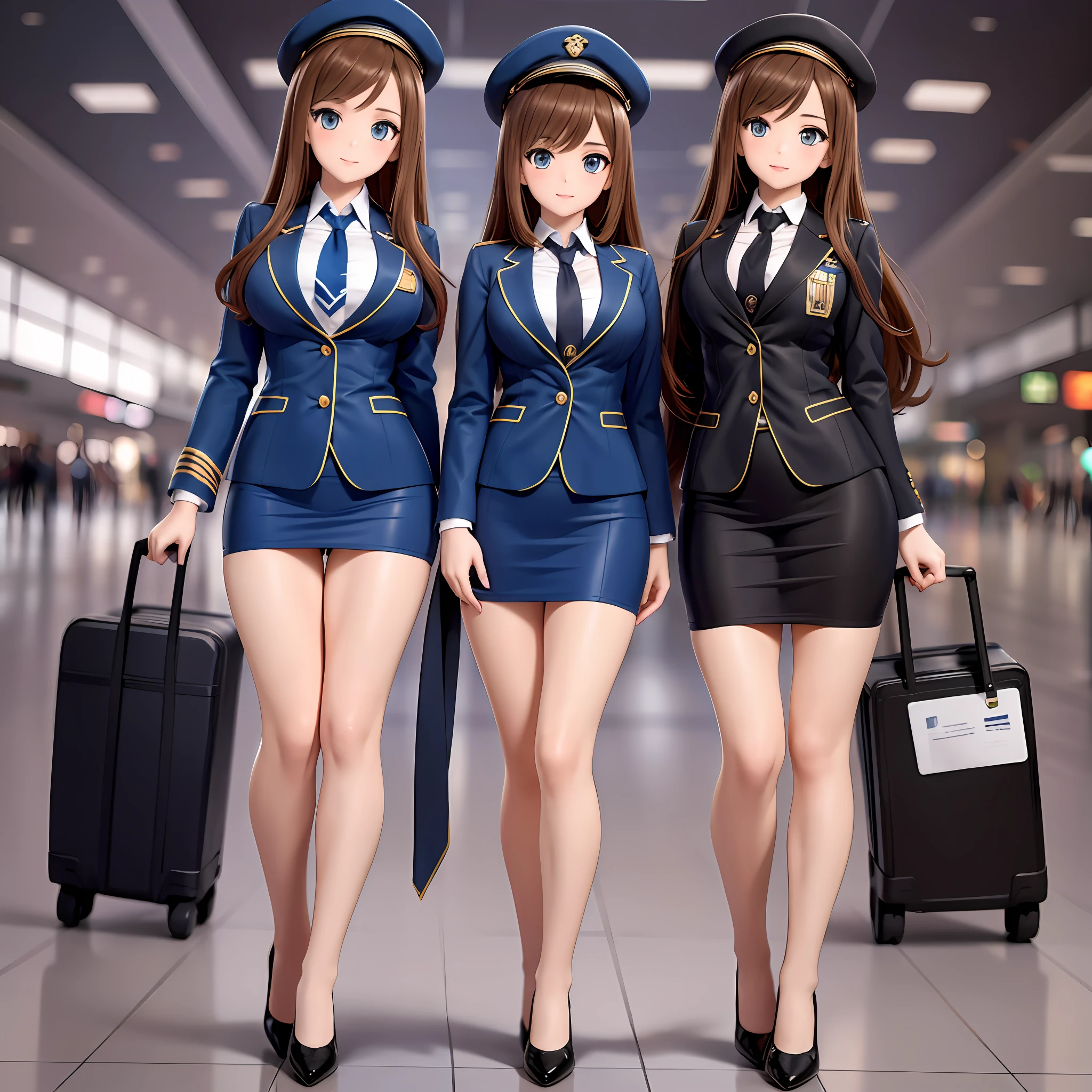 {{Mature female, caucasian}}, looking at viewer, hazel eyes, extremely detailed, medium breasts, brown hair, airport, flight attendant, uniform, dark blue hat, dark blue blazer, dark blue necktie, dark blue skirt, medium skirt, pencil skirt, bare legs, blue high heels, happy, best quality, high quality, extremely detailed anime screencap, {{{{crowded, multiple girls, thousands of sisters, millions of sisters,billions of sisters, clone, doppelganger, matching outfit, matching hairstyle}}}}, full body