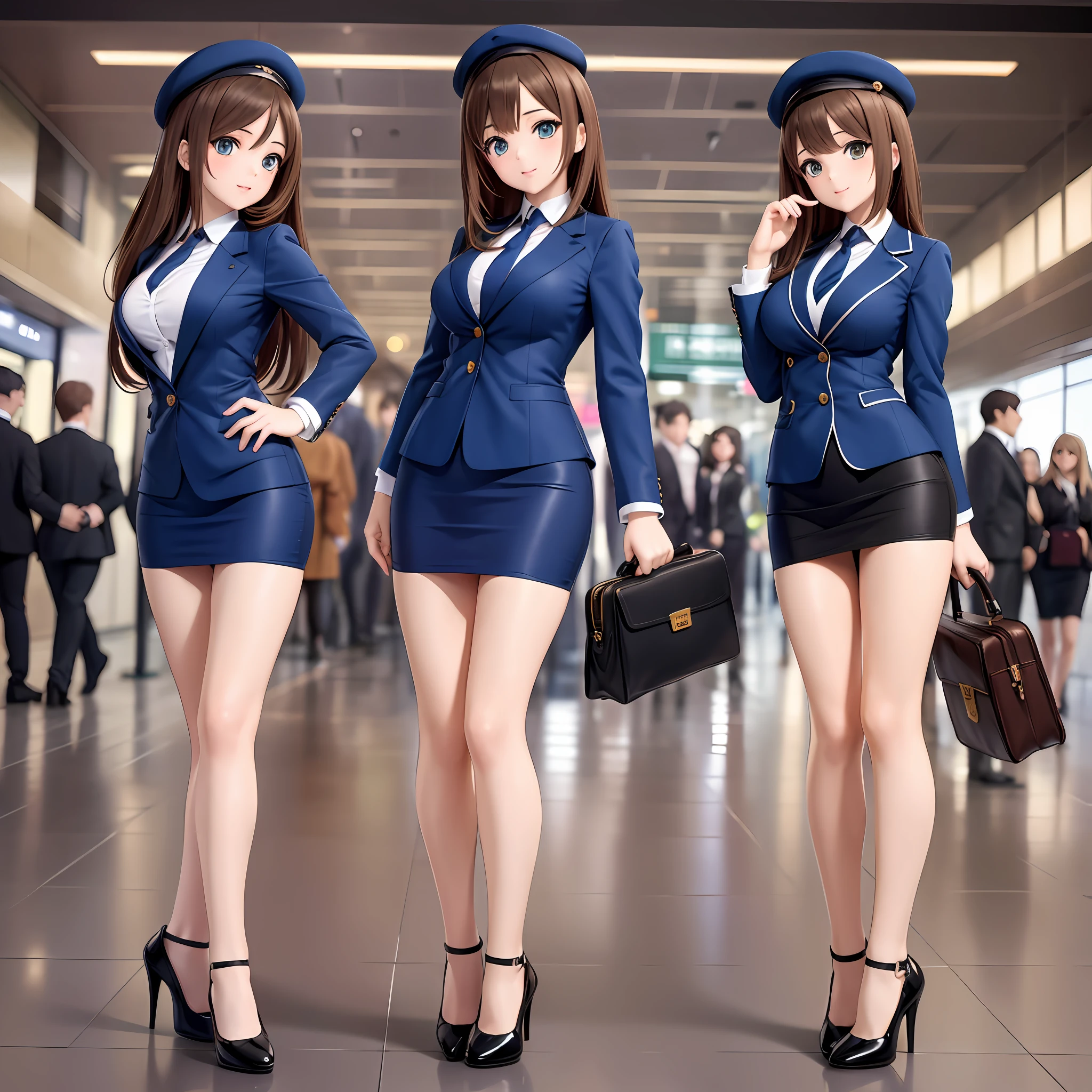 {{Mature female, caucasian}}, looking at viewer, hazel eyes, extremely detailed, medium breasts, brown hair, airport, flight attendant, uniform, dark blue hat, dark blue blazer, dark blue necktie, dark blue skirt, medium skirt, pencil skirt, bare legs, blue high heels, happy, best quality, high quality, extremely detailed anime screencap, {{{{crowded, multiple girls, thousands of sisters, millions of sisters,billions of sisters, clone, doppelganger, matching outfit, matching hairstyle}}}}, full body
