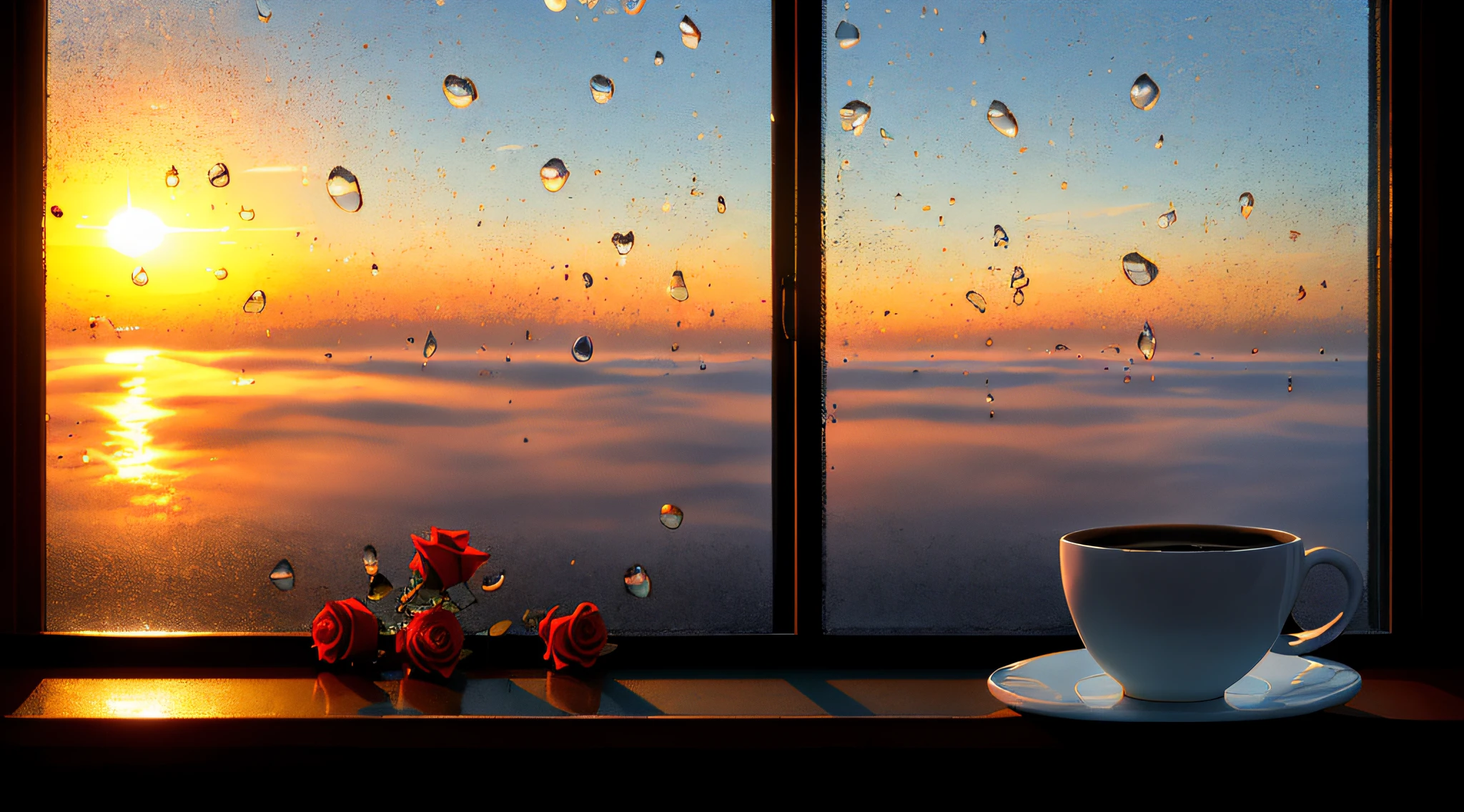 Create a relaxing image, from a window with the sunset, small droplets of water on the fog glass, small roses outside blurred in the background, in the window a cup of black porcelain coffee and a brown guitar, ultra realistic, 8K, photo taken by a professional photography camera, incredible textures of realistic