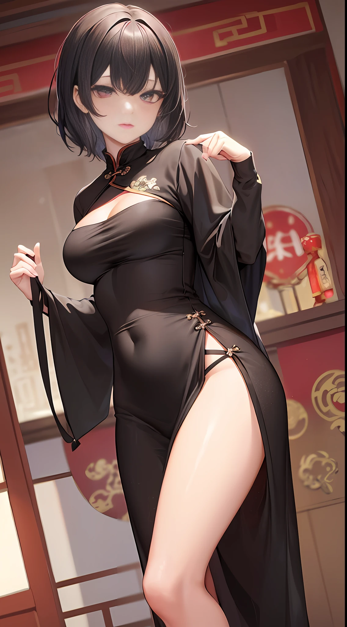 ((Top Quality, 8K, Masterpiece: 1.3)), Sharp Focus: 1.2, Cute Beauty with Perfect Figure: 1.4, Slim Big: 1.2, ((Black Casual Hairstyle, Big: 1.2, Big: 1.2)), (China Clothes with Deep Slit), (Semi-nude, Ecstatic, Standing: 1.2, Sexy Pose), (Exposed Cleavage), ((Chinatown: 1.3 created mainly in women)), very detailed face and skin texture, fine eyes, double eyelids,