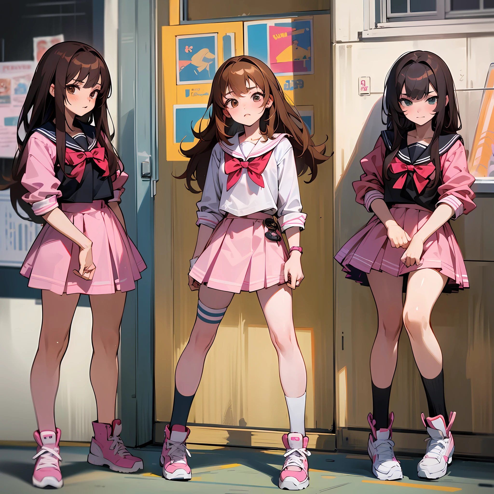 {{age female, caucasian, group of bully girls, many girls}}, looking at viewer, hazel eyes, extremely detailed, brown hair, blonde hair, red hair, black hair, pink clothes, bully, mean girl, tough girl, schoolgirl, matching outfits, bruises, scars, happy, best quality, high quality, extremely detailed anime screencap, full body