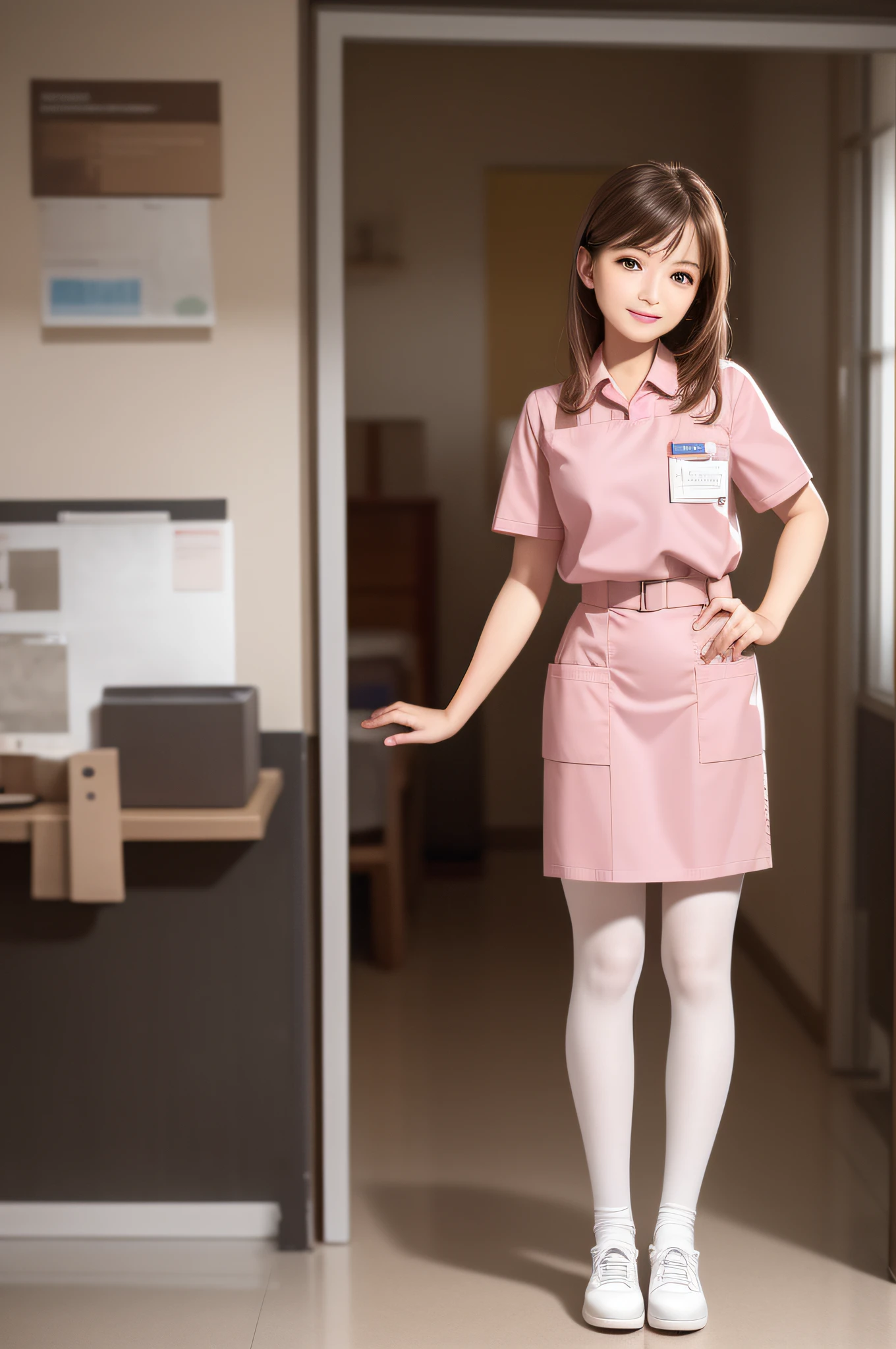 high quality, realistic, photography, human, masterpiece, brown hair, brown eyes, talking, smiling face, lone nurse, light pink uniform, full body, assistance