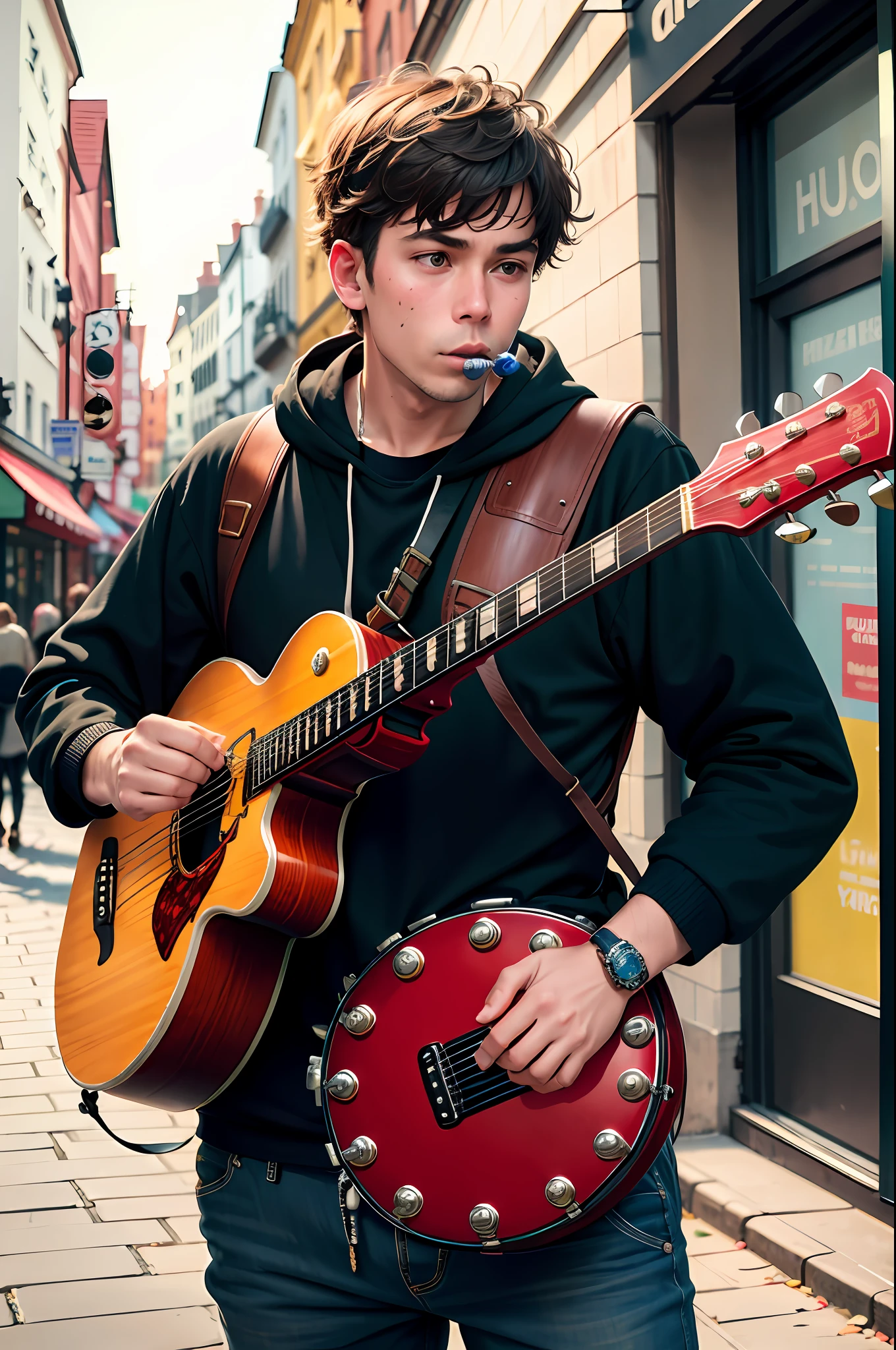 a one-man band playing a lot of musical instruments in the highstreet, guitar, big drum on his back, kazoo, other instruments, city background
